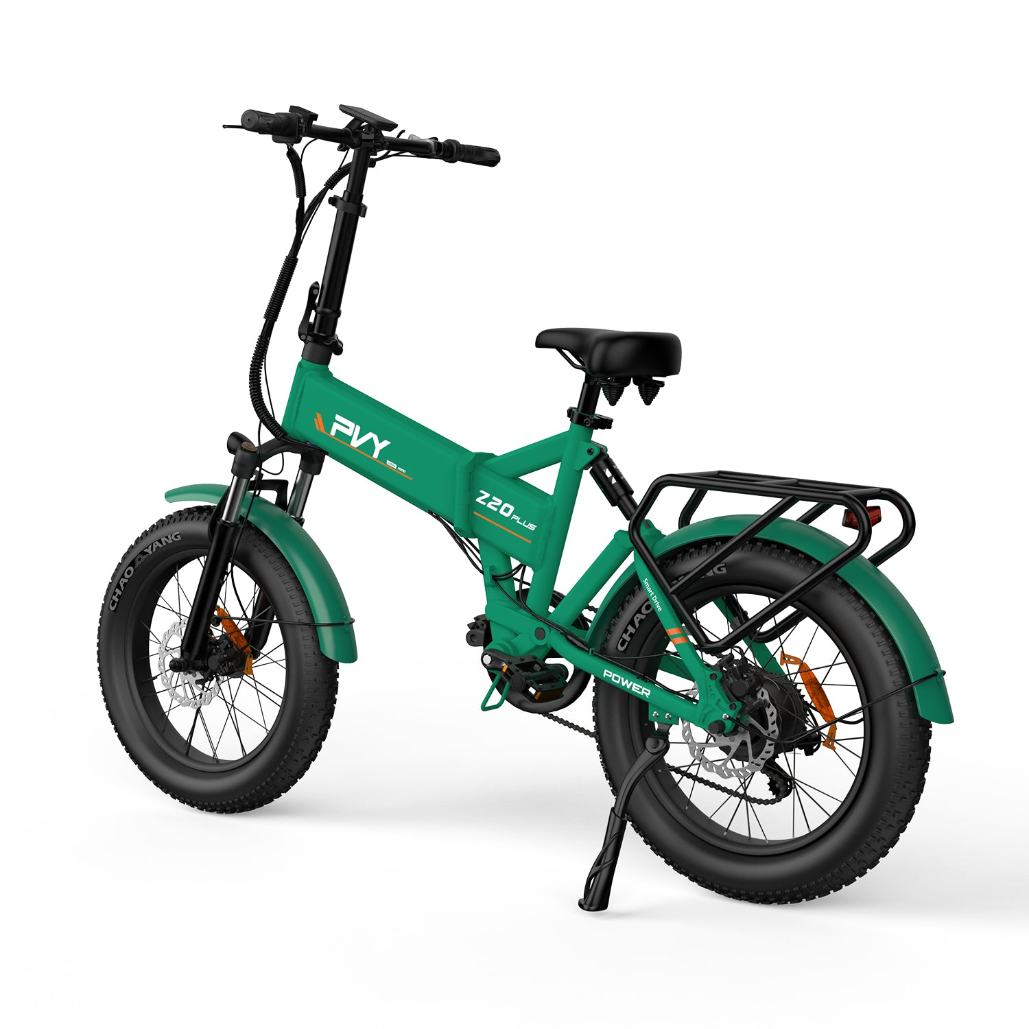 Una bicicleta eléctrica plegable verde sobre un fondo blanco. Tiene neumáticos negros y un portaequipajes.