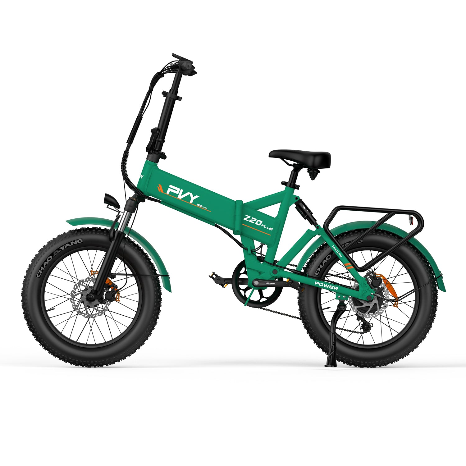 Una bicicleta eléctrica plegable verde con neumáticos negros y un portaequipajes sobre un fondo blanco.