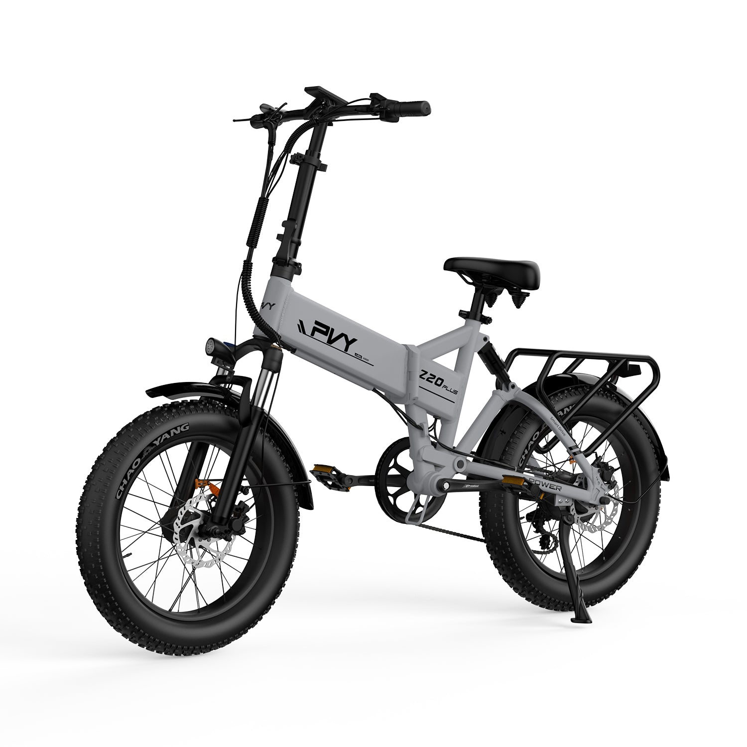 Ein graues Elektrofahrrad von der Seite, mit dicken Reifen und einem Gepäckträger.