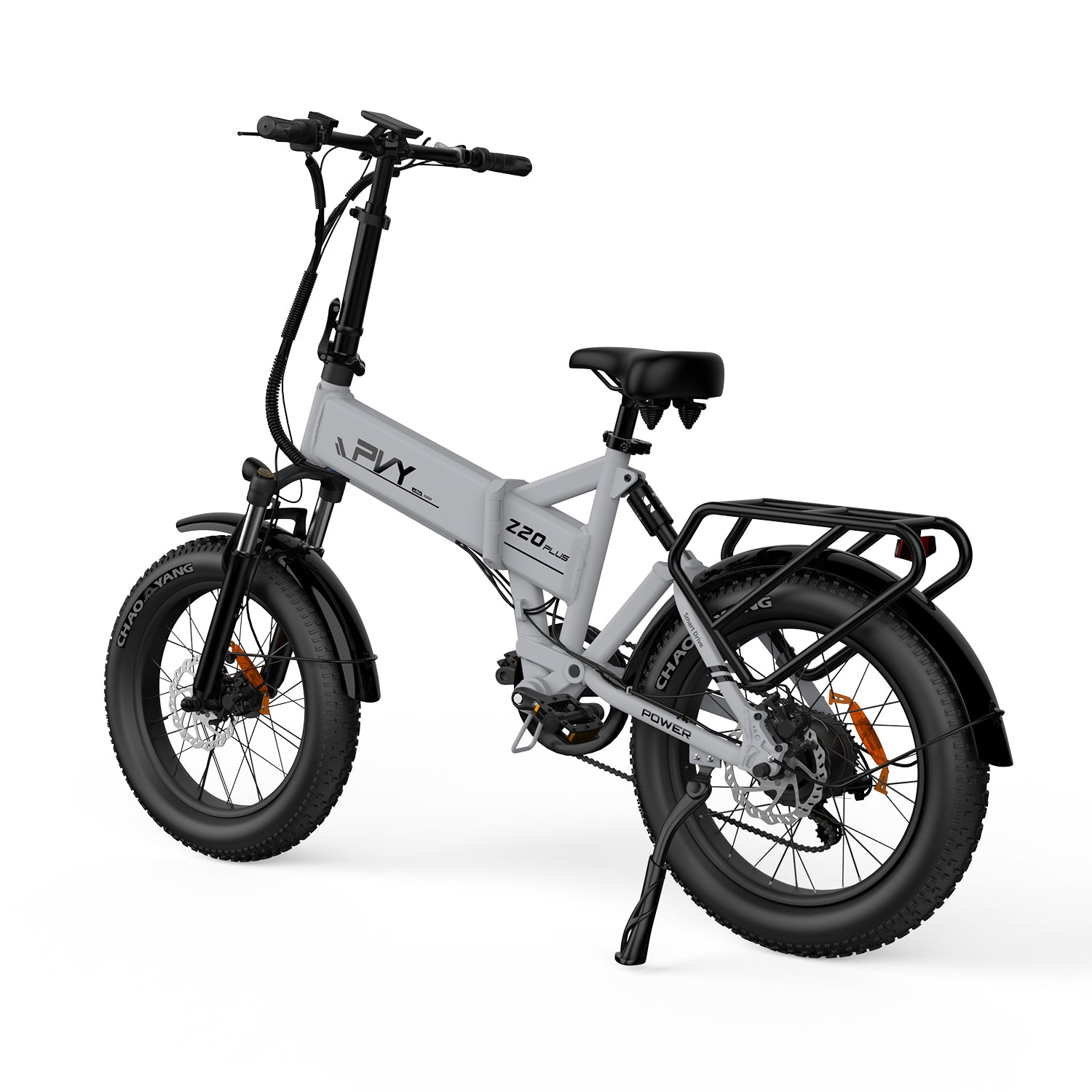 Ein graues Elektrofahrrad mit schwarzen Reifen und Gepäckträger vor weißem Hintergrund.
