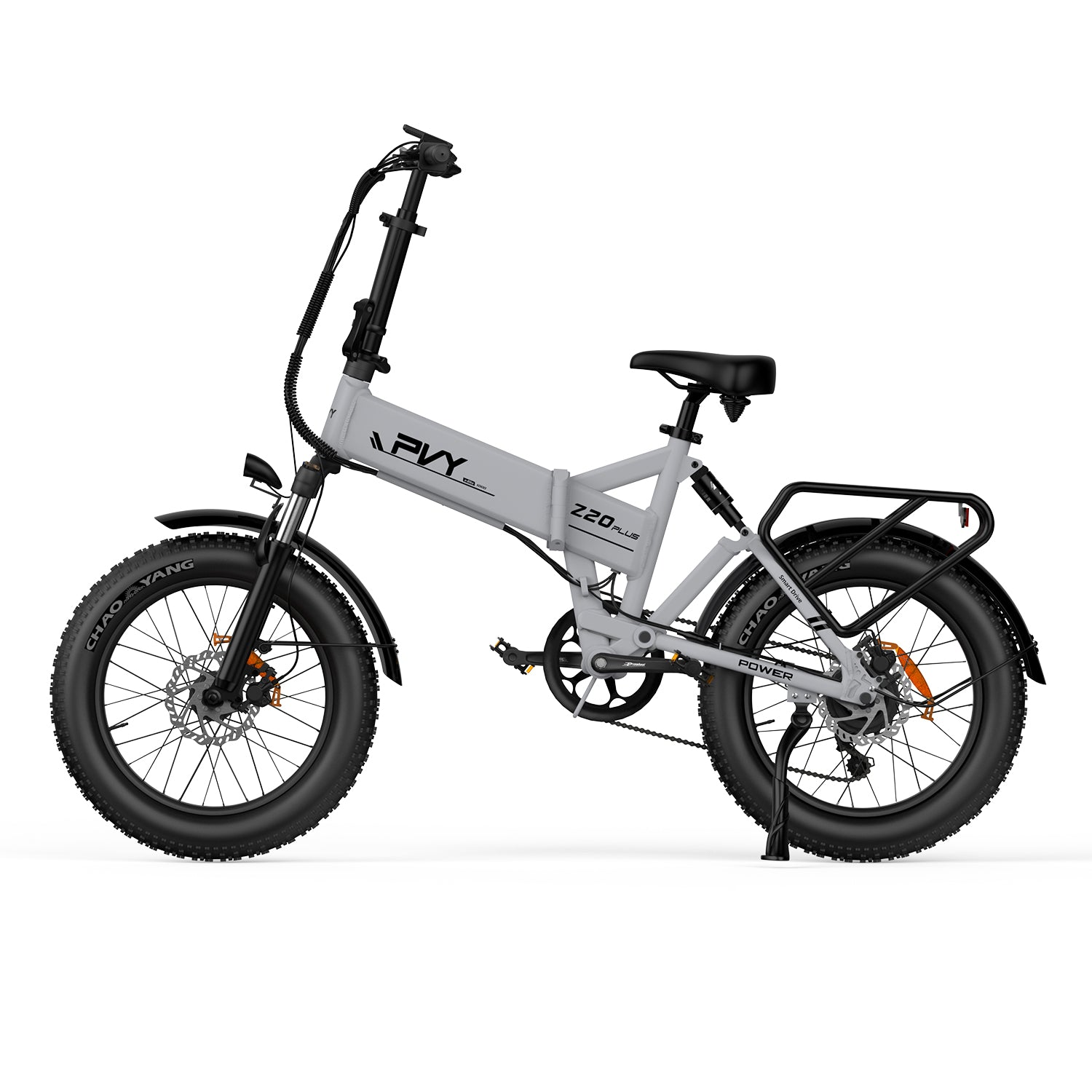 Ein graues und schwarzes Elektrofahrrad mit dicken Reifen, isoliert auf weißem Hintergrund.