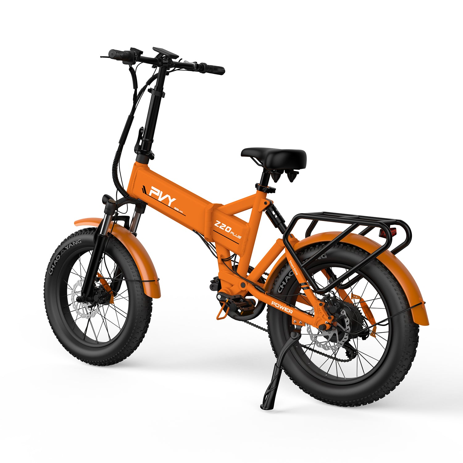 Oranges faltbares Elektrofahrrad mit schwarzen Reifen und Schutzblechen. Z20 Plus ist sichtbar.