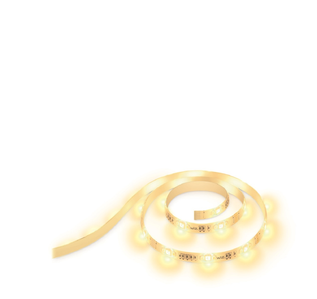 Una tira enrollada de luces LED, emitiendo un brillo cálido y amarillo sobre fondo blanco.