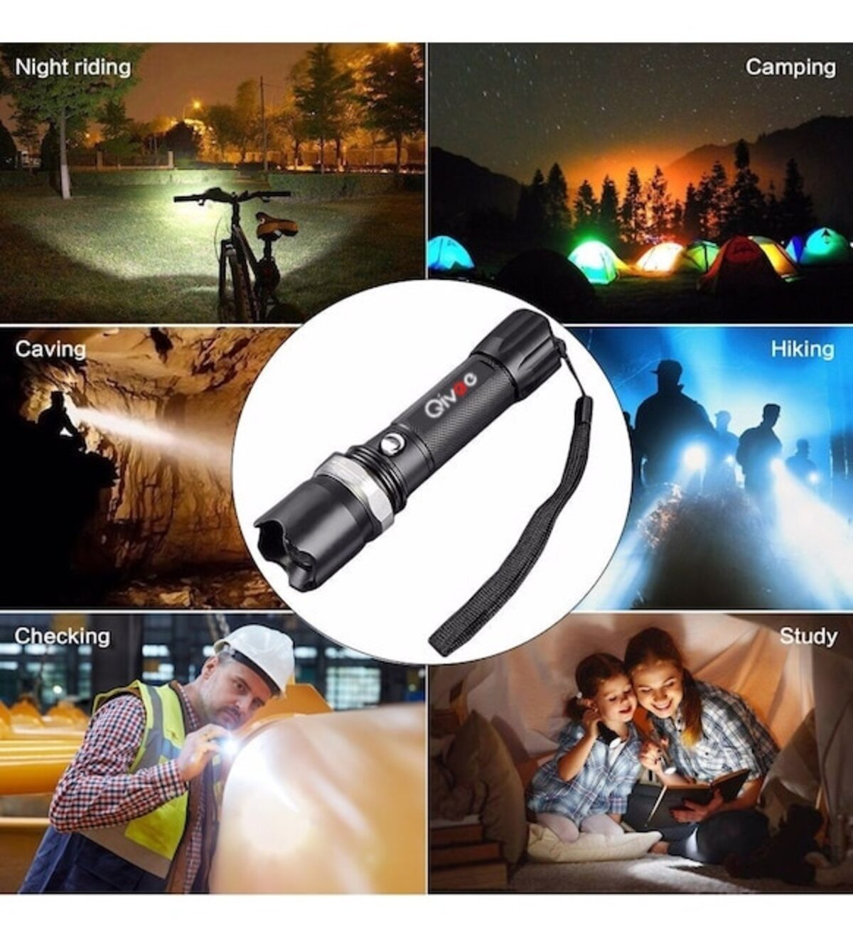 Eine Taschenlampe mit verschiedenen Nutzungsszenarien, einschließlich Nachtfahrten, Camping usw.