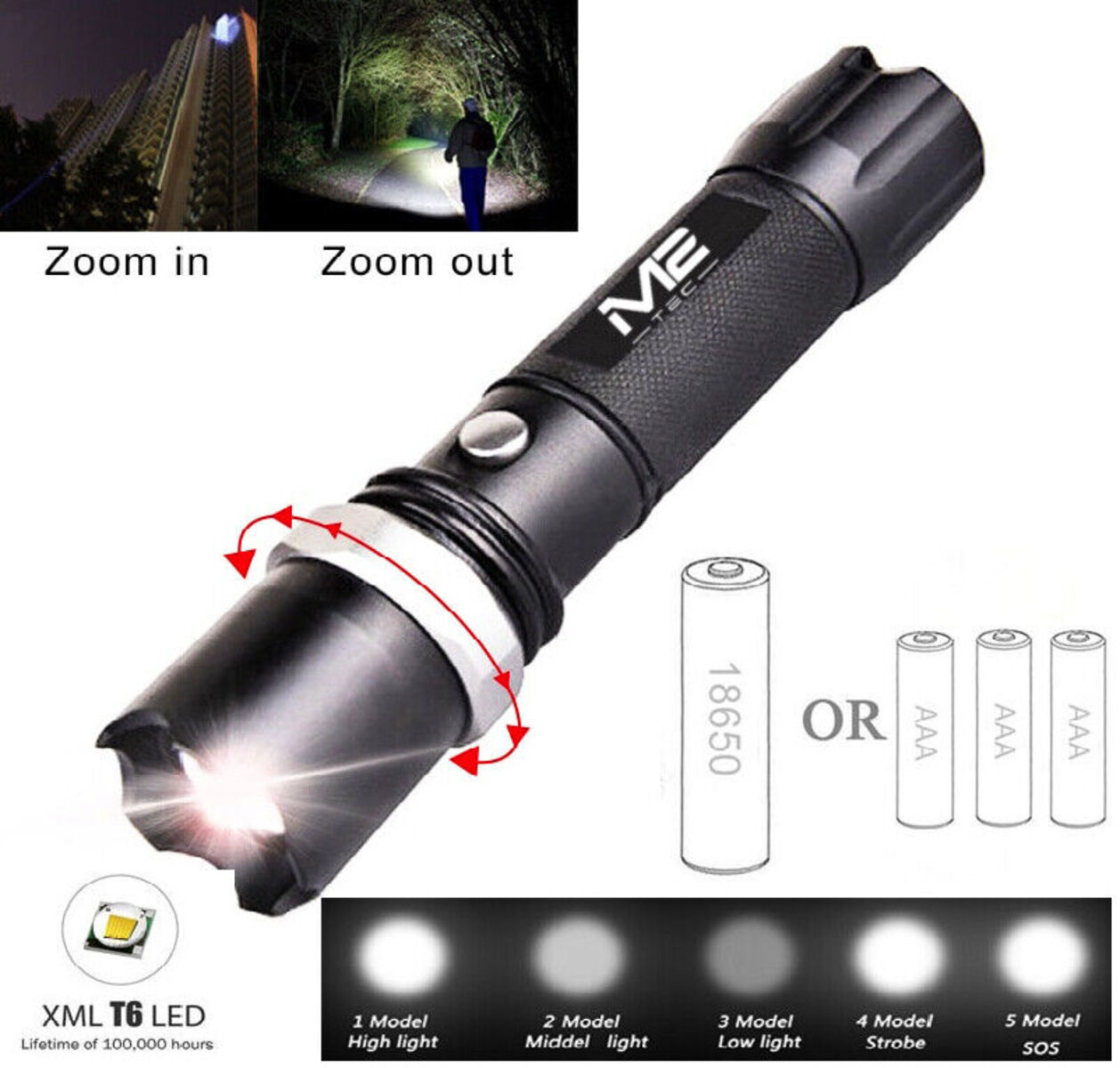 Schwarze Taschenlampe mit Zoom und mehreren Lichtmodi. Außerdem verschiedene Batterieoptionen und Lichtintensitätsstufen.