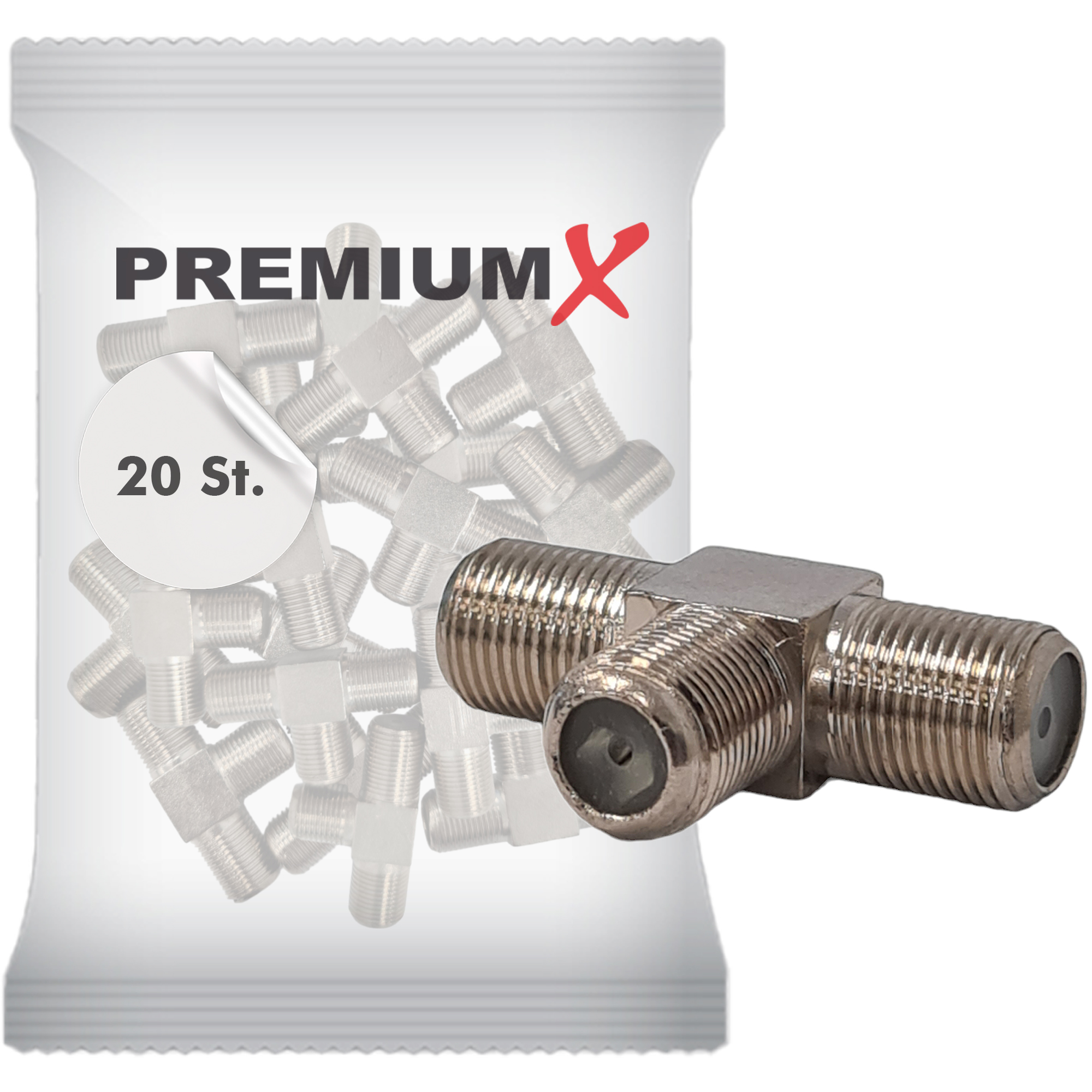 Eine Packung silberner T-Verbinder, mit dem Wort „PREMIUM“ und einem roten „X“.