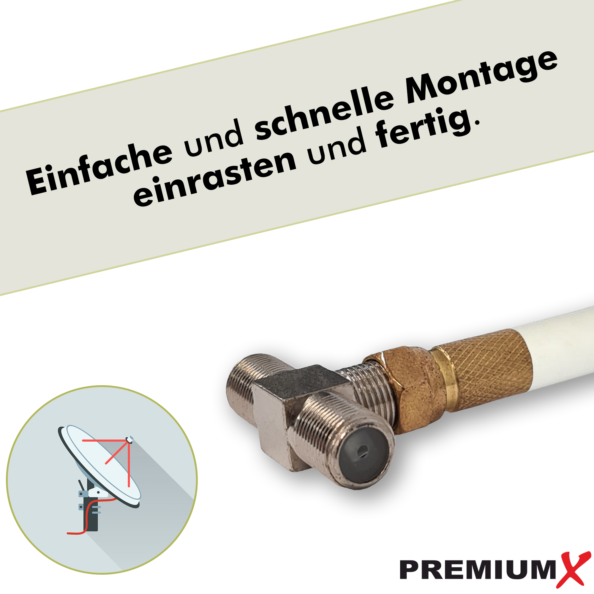 Ein Koaxialkabelanschluss, ein Satellitenschüssel-Symbol und Text auf hellem Hintergrund.