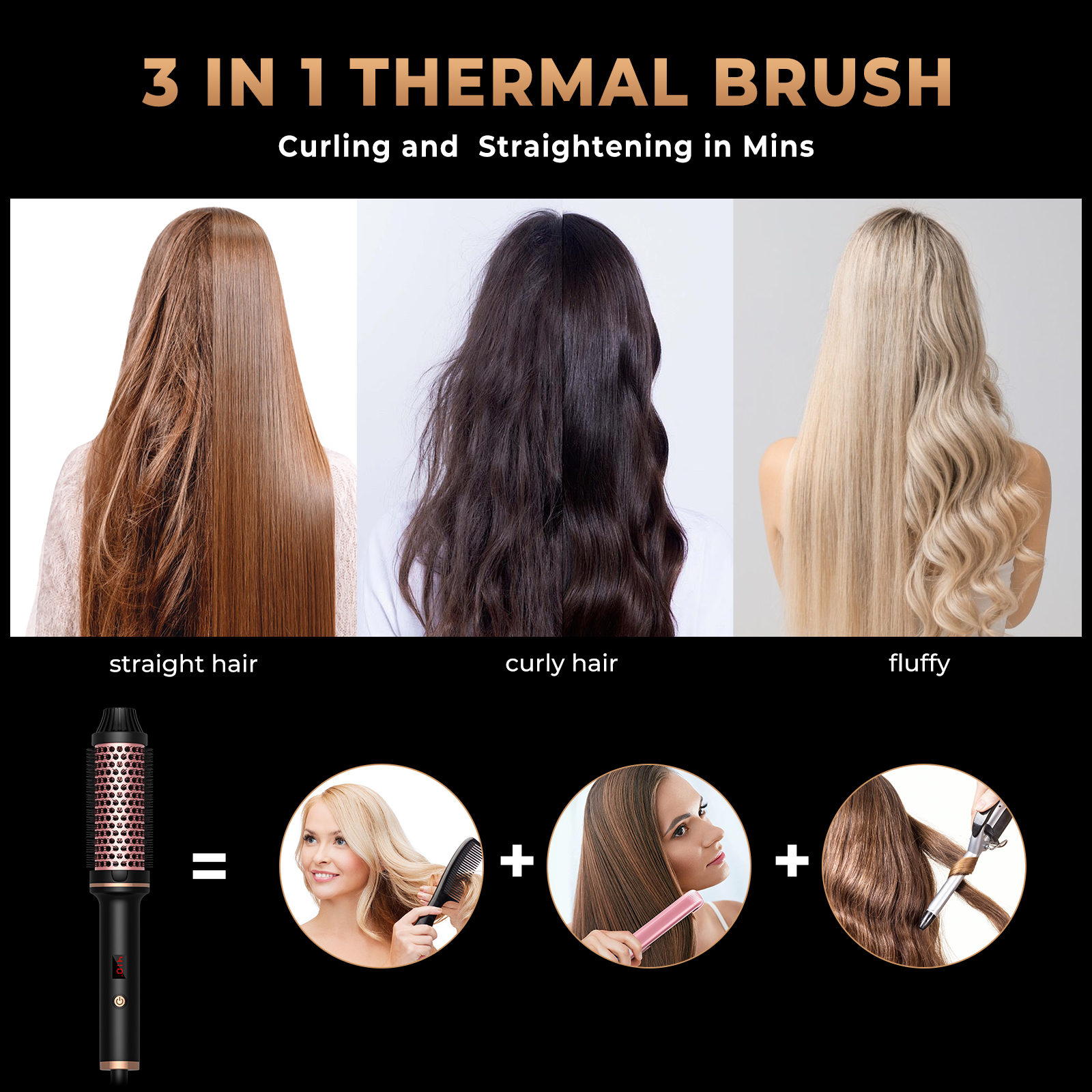 Werbung für Haarstylingprodukte. Zeigt glattes, lockiges und flauschiges Haar, mit einer Stylingbürste und Models.