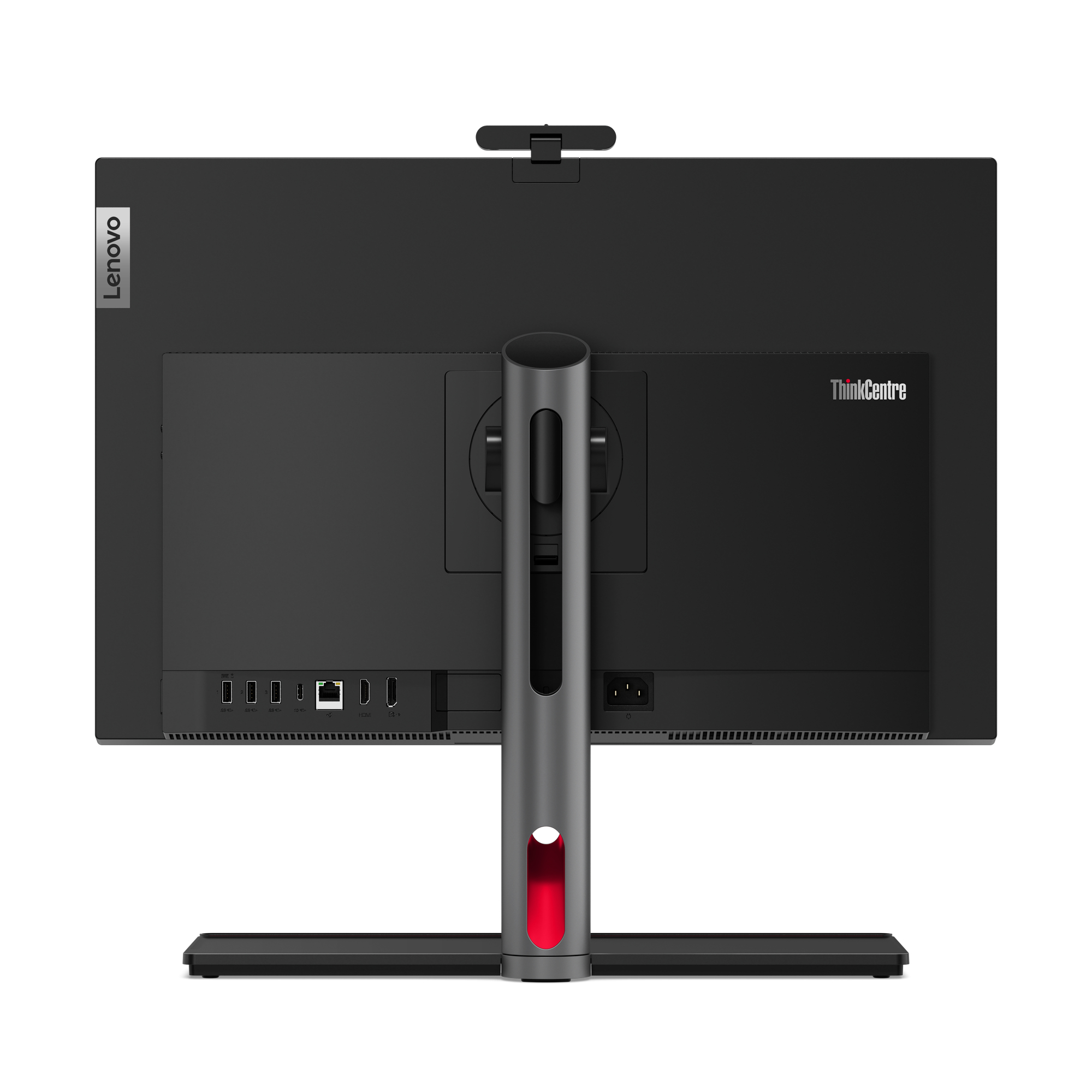 Czarny monitor komputera ze stojakiem, portami i logo ThinkCentre.