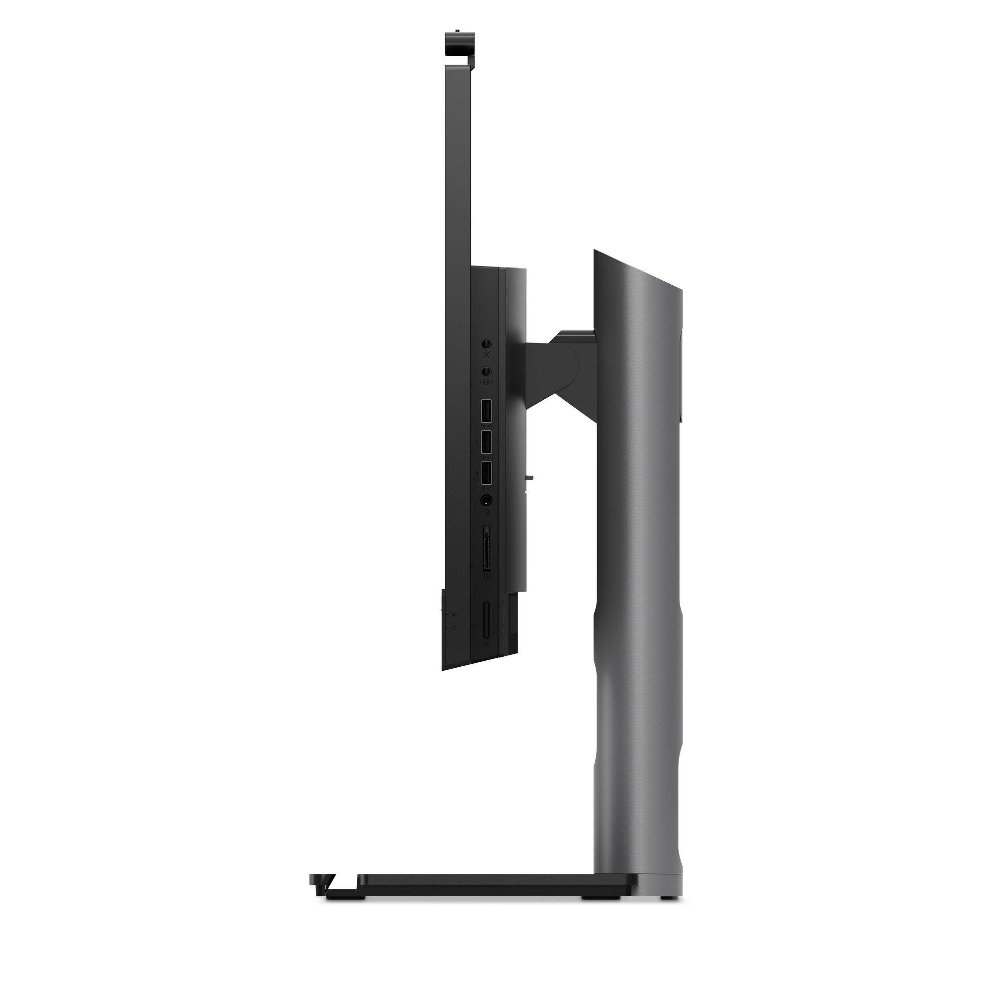 Widok z boku szarego monitora ze stojakiem. Ma wiele portów z boku.