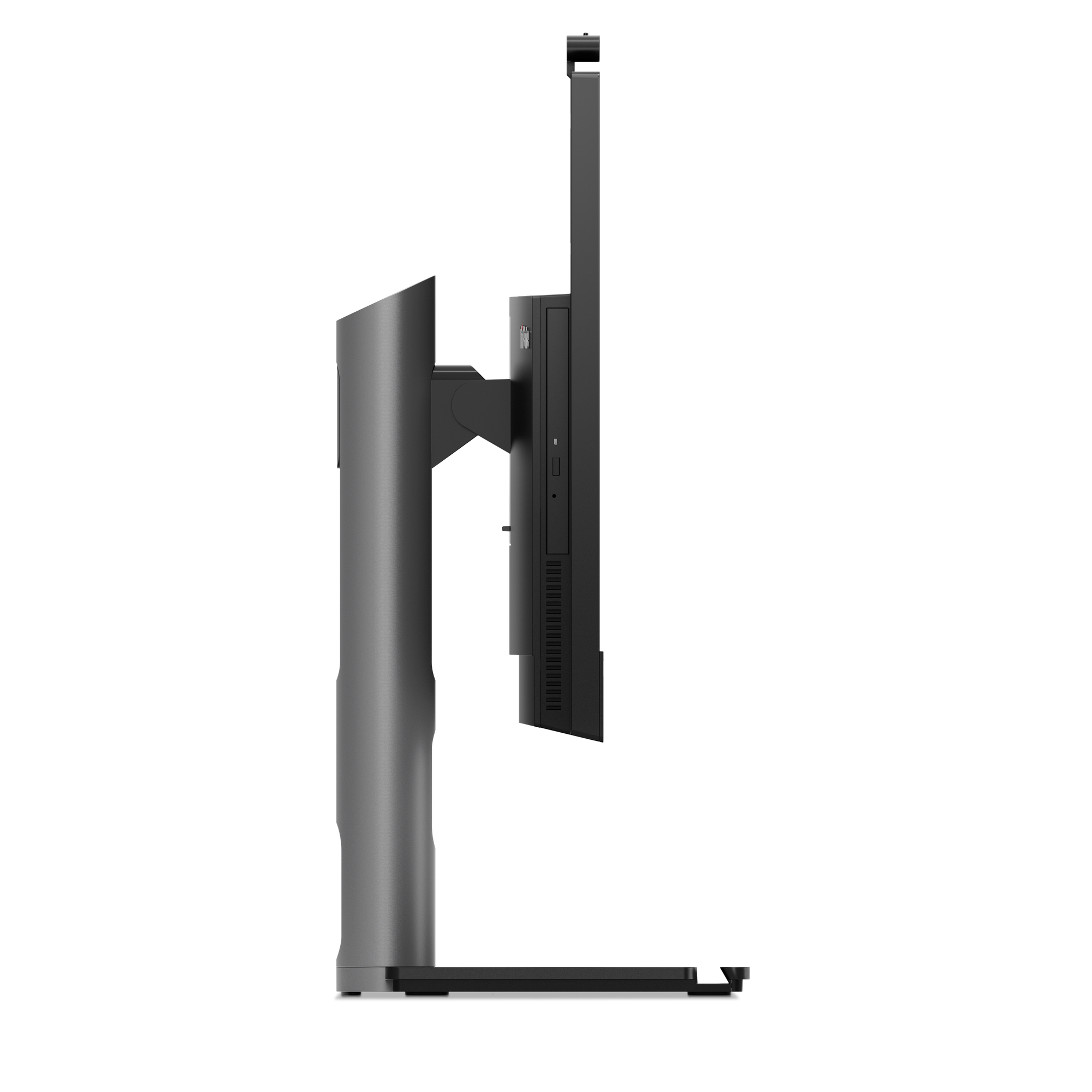 Widok z boku czarnego i srebrnego monitora komputera, ze stojakiem. Monitor ma elegancki, nowoczesny design.