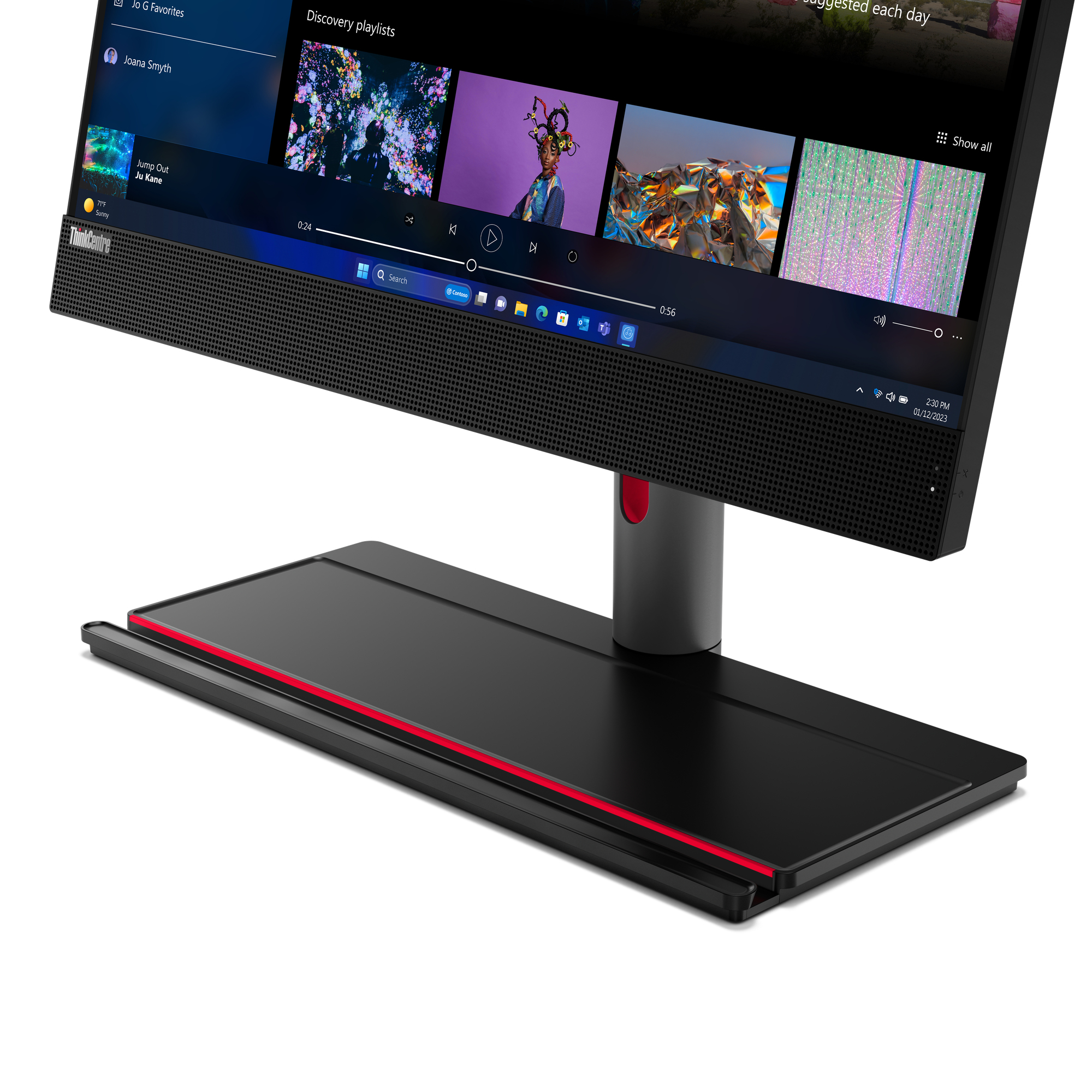 Un écran d'ordinateur de bureau affichant du contenu vidéo, avec une base noire et un accent rouge.