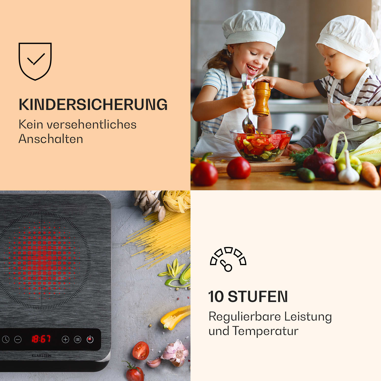 Zwei Kinder kochen. Eines mahlt Pfeffer in eine Schüssel. Text: Kindersicherung, 10 Stufen.