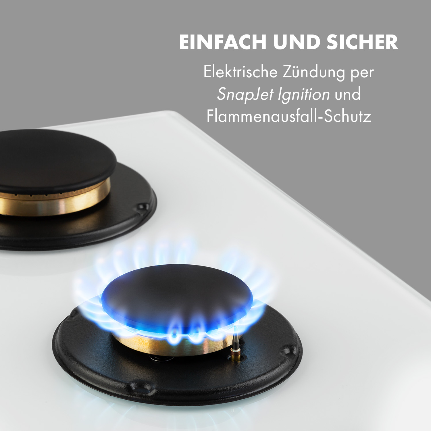 Primer plano de una estufa de gas con dos quemadores. Un quemador encendido con llama azul.