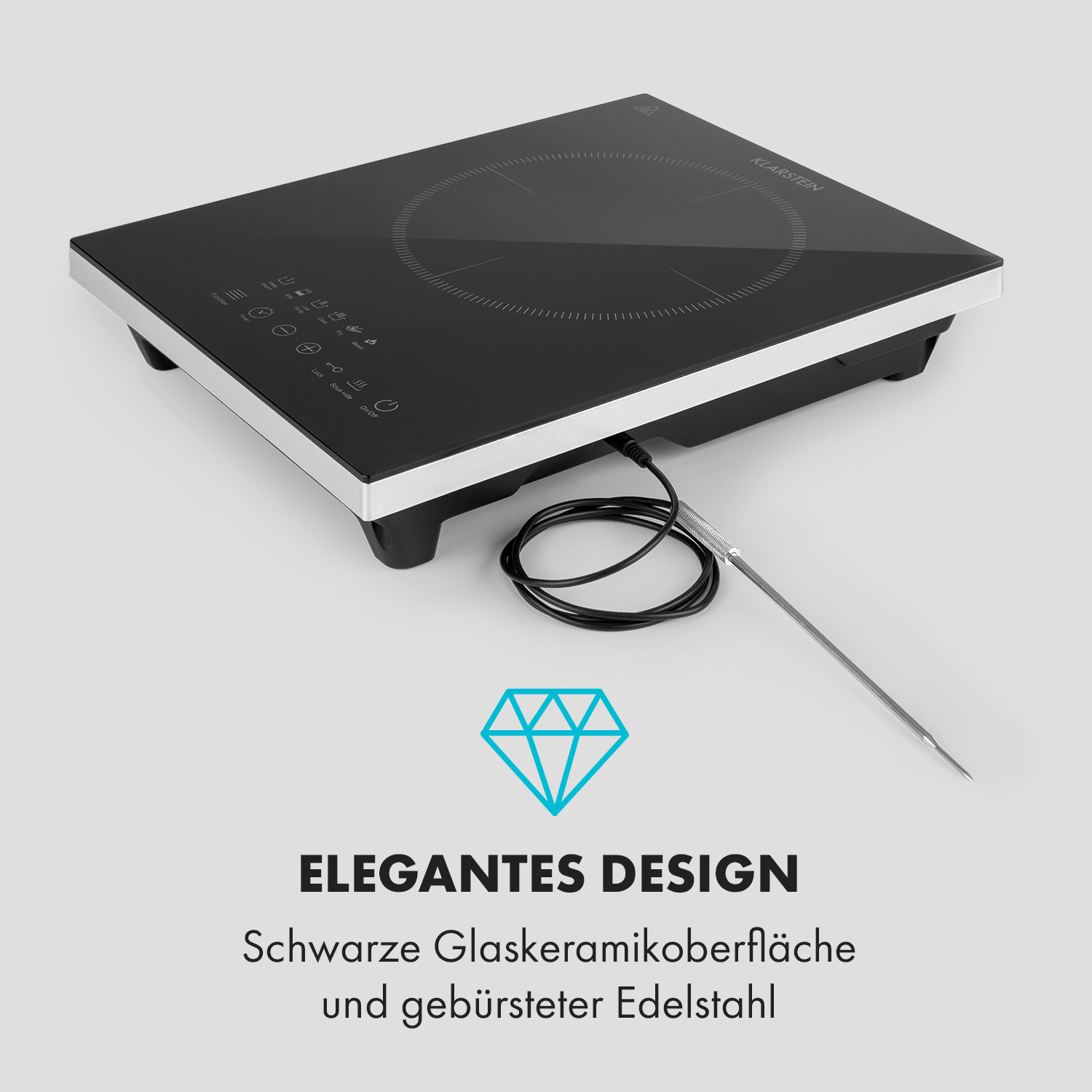 Schwarzes Glaskeramikkochfeld mit silberner Blende, angeschlossener Sonde und Bedienfeld links.
