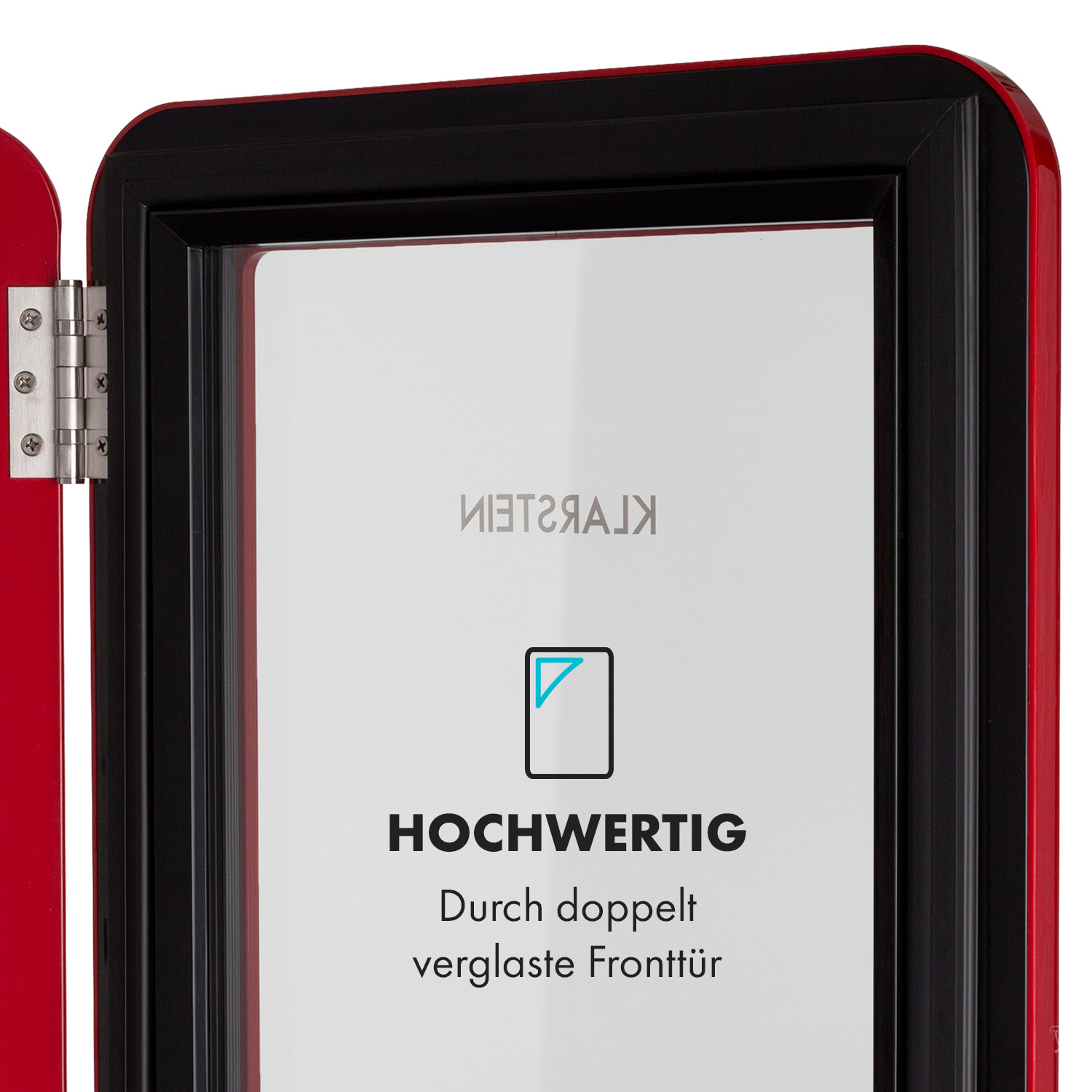 Rot gerahmte Tür mit klarer Glasscheibe. Text: 'HOCHWERTIG' und 'Doppelt verglast'.