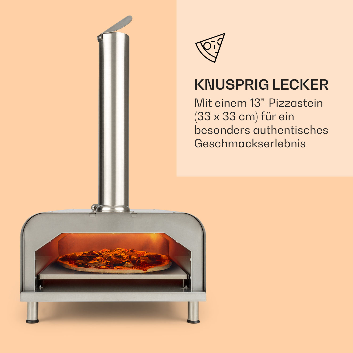 Pizzaofen aus Edelstahl mit Pizza, Text auf pfirsichfarbenem Hintergrund.
