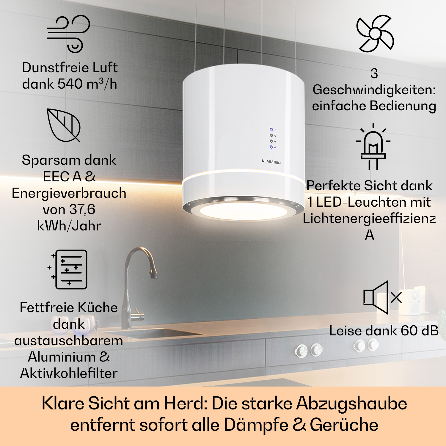 Eine weiße Dunstabzugshaube mit Funktionen wie Luftstrom, Geschwindigkeiten und Energieeffizienz, mit einem Waschbecken dahinter.
