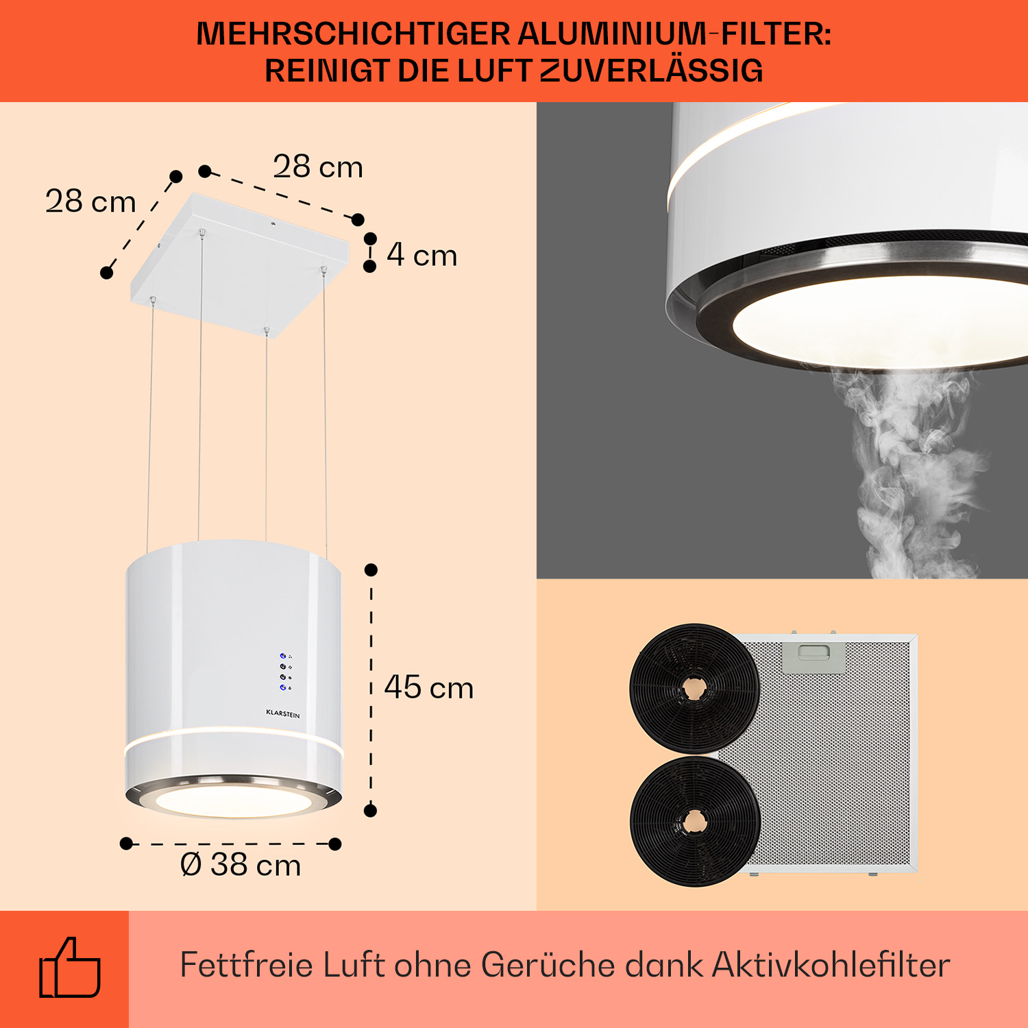Eine weiße Dunstabzugshaube mit Diagramm, das Abmessungen und Aktivkohlefilter zeigt.