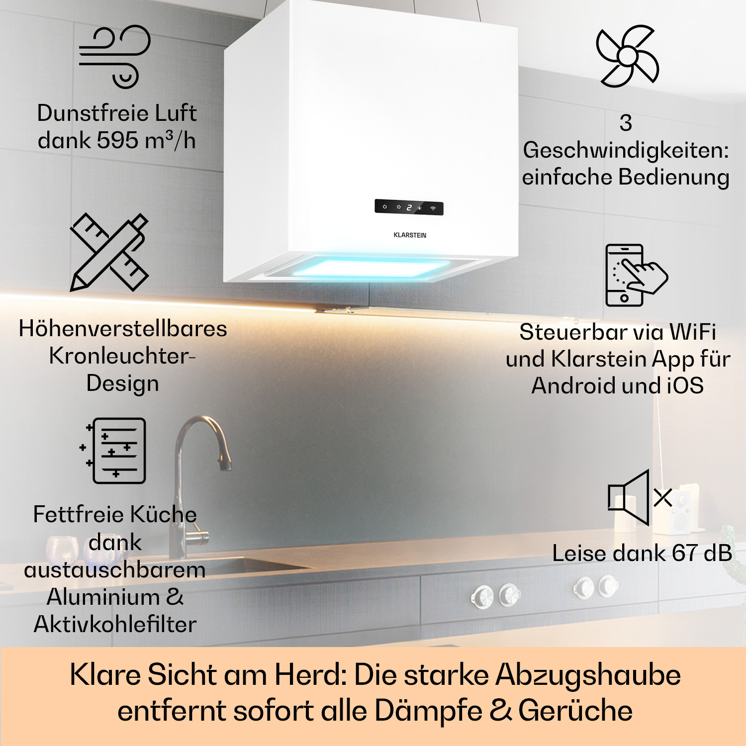 Weiße Küchenhaube mit Symbolen und Text, die Funktionen, inkl. WiFi-Steuerung.