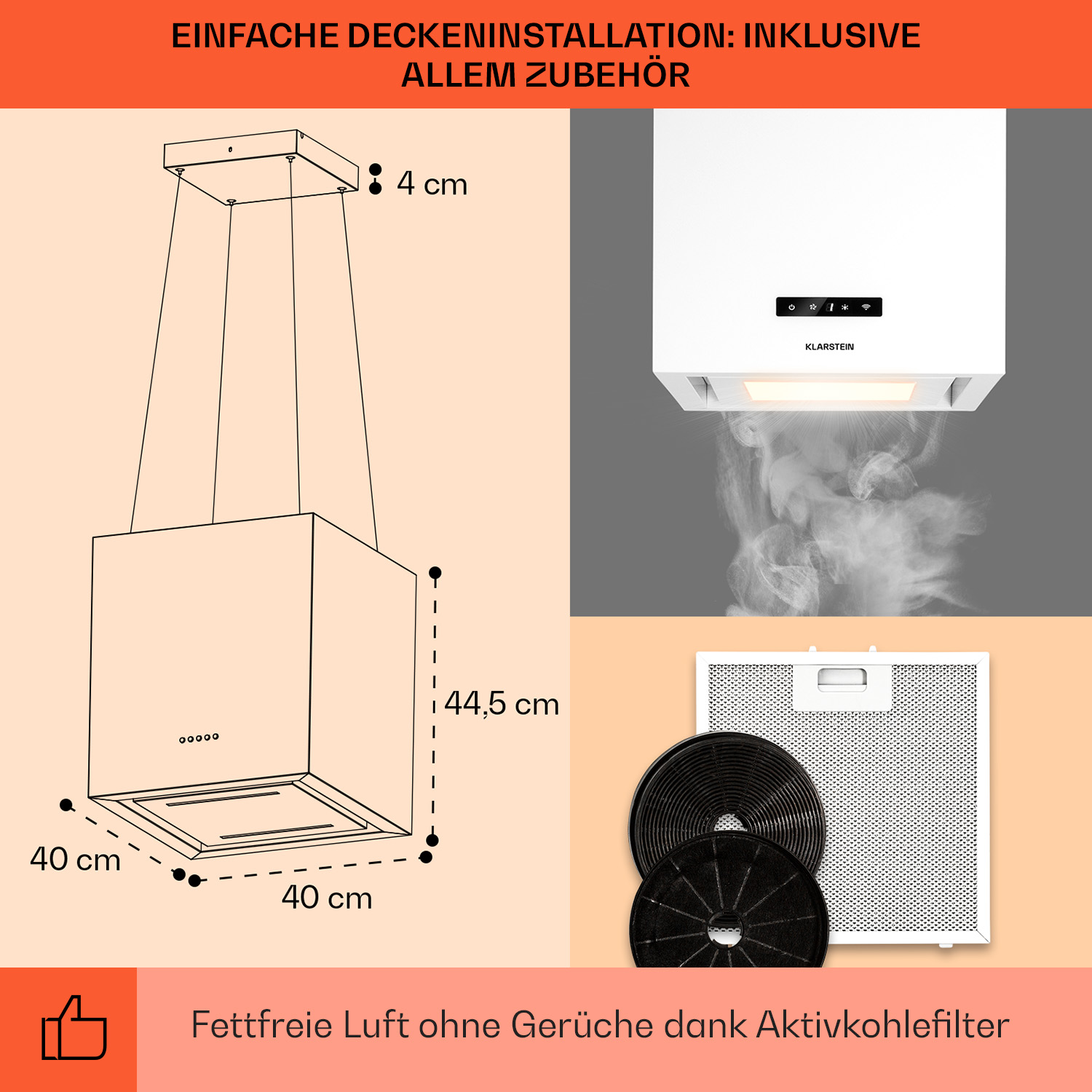 Eine weiße Küchenhaube mit Abmessungen und eine Explosionsansicht des Filters und der Teile.