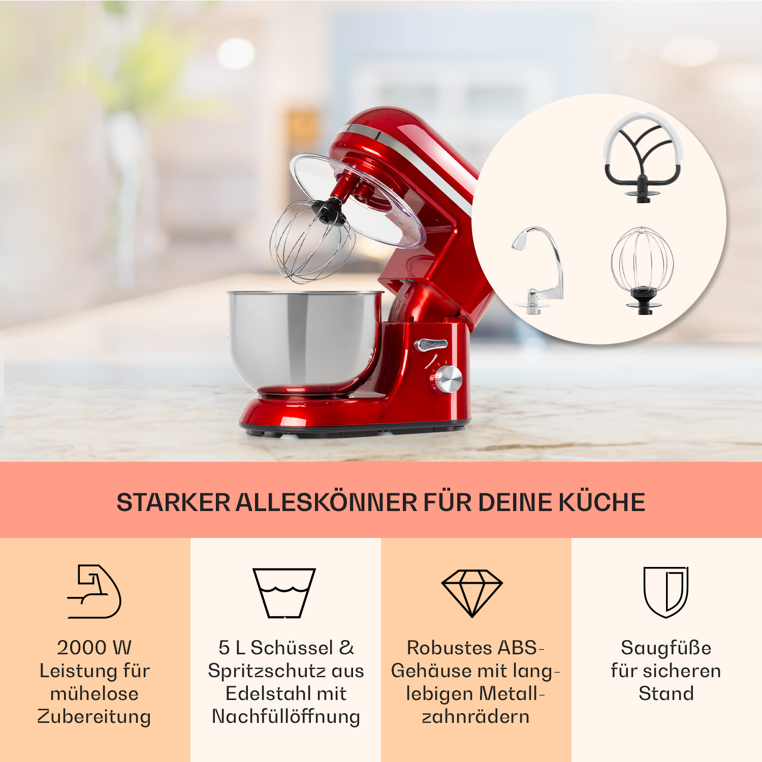 Roter Küchenmixer mit Aufsätzen und Symbolen, die Merkmale wie Leistung und Schüsselkapazität beschreiben.