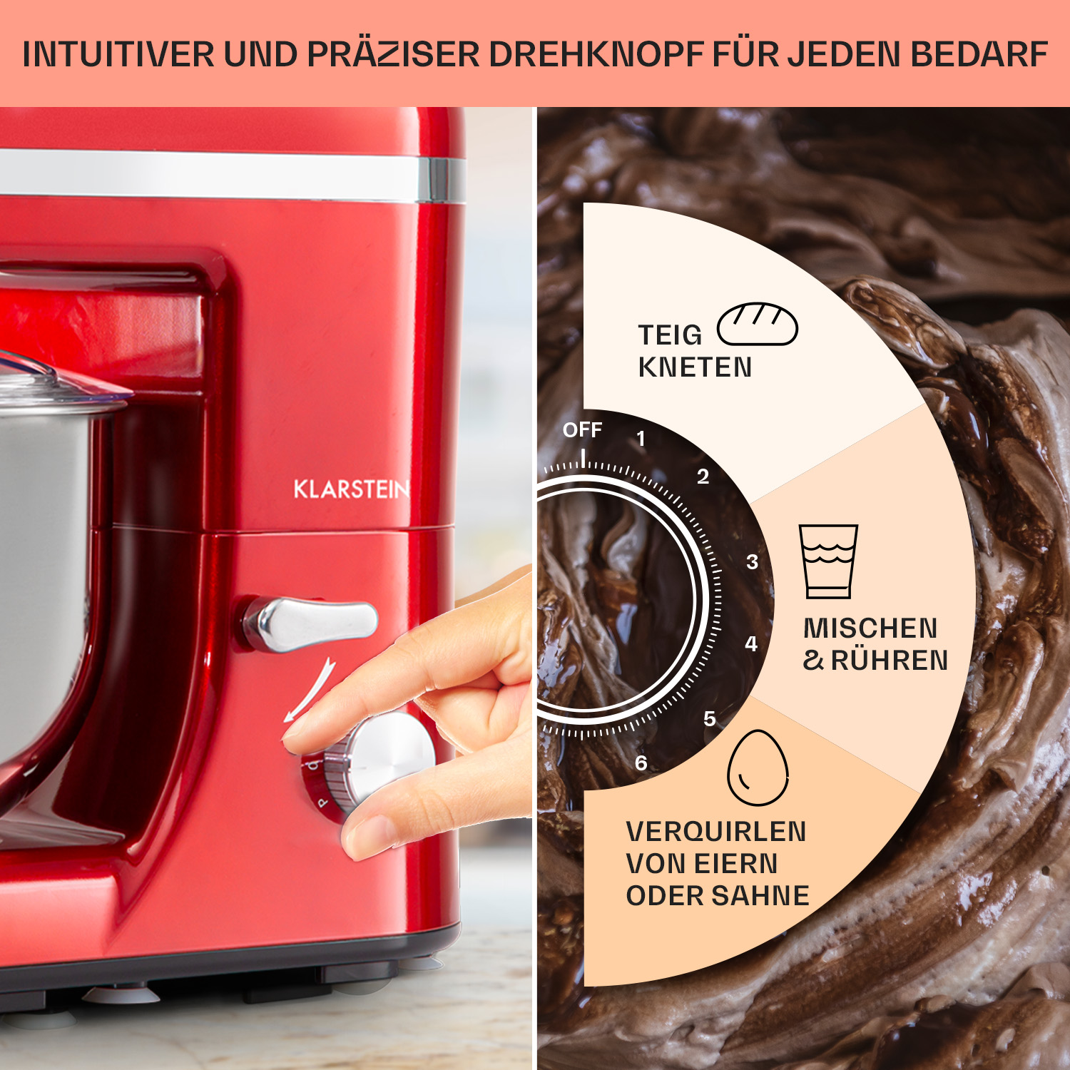 Roter Küchenmixer mit Drehregler und Diagramm mit verschiedenen Geschwindigkeiten und Funktionen.