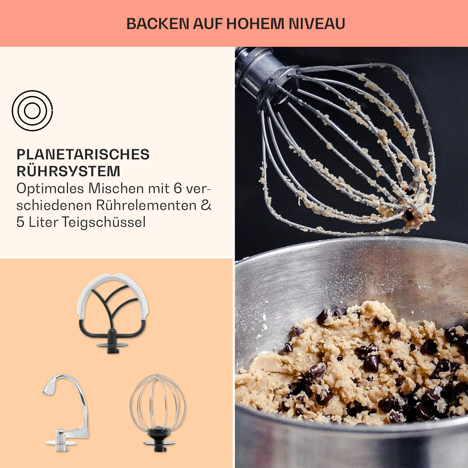 Mixer mit Aufsätzen, Schüssel mit Keksteig. Text: optimales Mischen mit 6 verschiedenen Rührelementen & 5 Liter Schüssel.