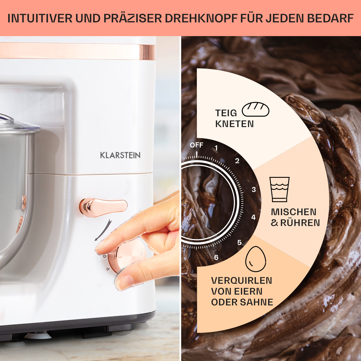 Ein weißer Küchenmixer mit einem Drehregler zum Kneten, Mischen und Aufschlagen.