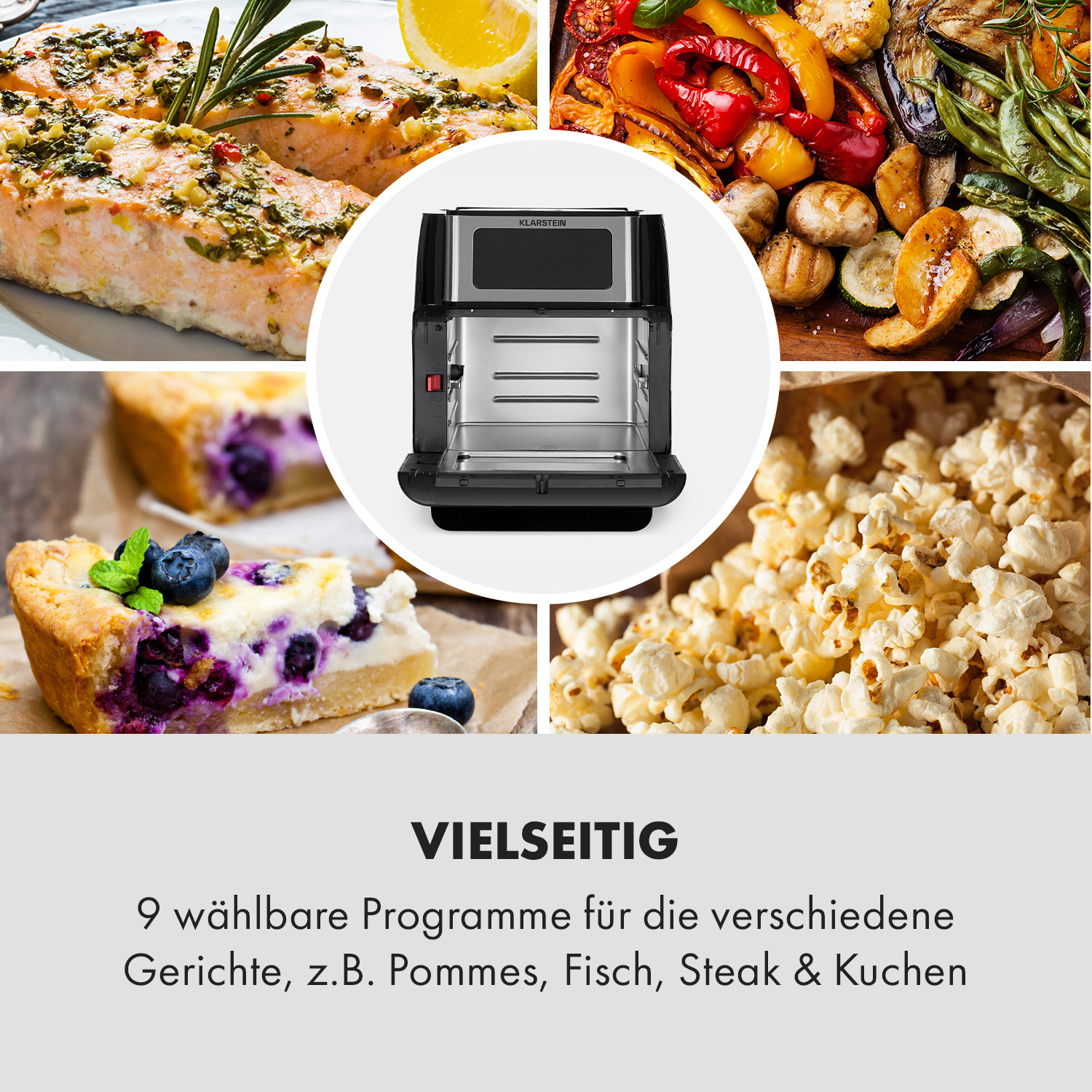 Una friggitrice ad aria con esempi di cibo: salmone, verdure, popcorn, torta di mirtilli. Testo: versatile, 9 programmi.