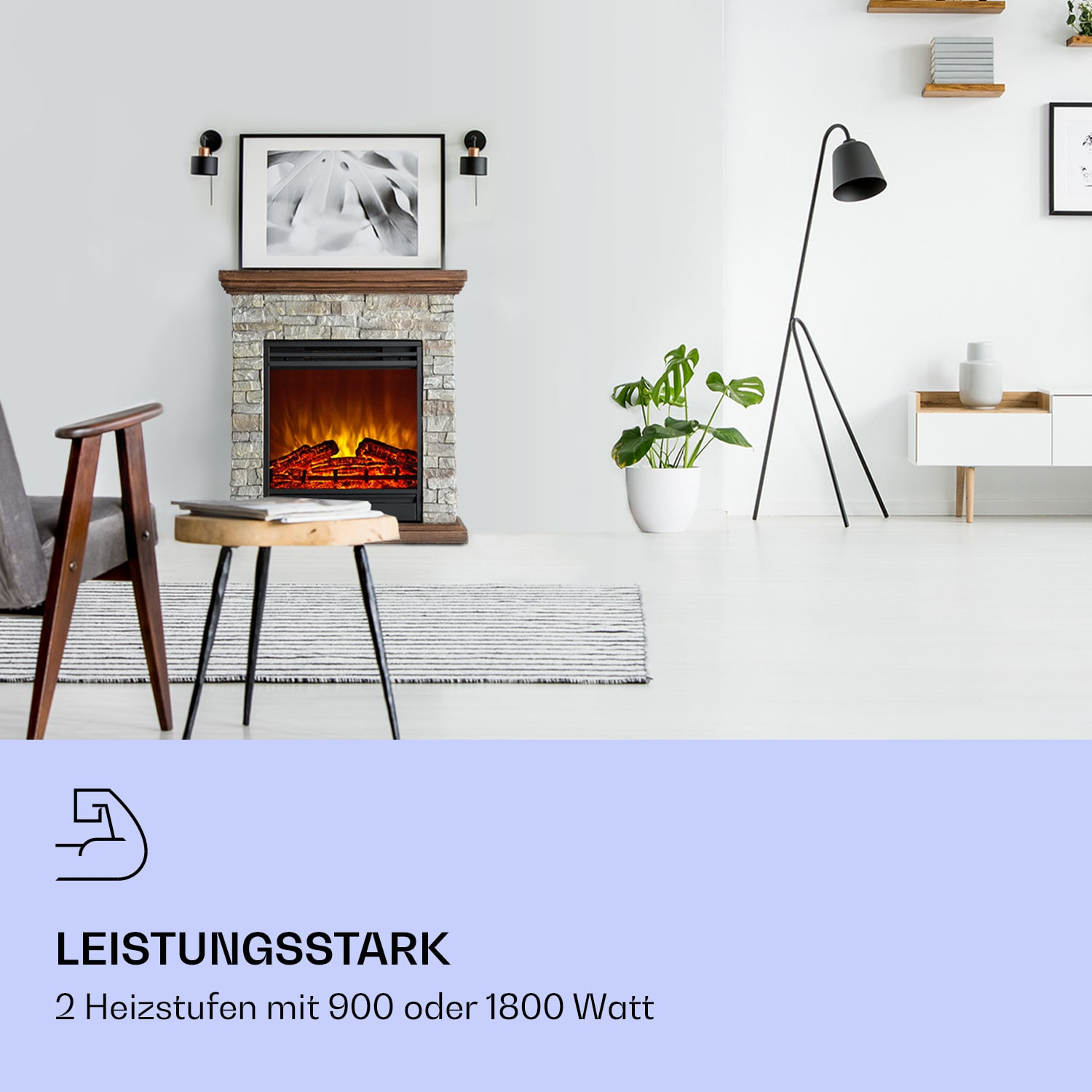 Ein Raum mit Kamin, Stuhl und Dekoration. Text besagt, dass es leistungsstark ist mit 2 Heizeinstellungen.