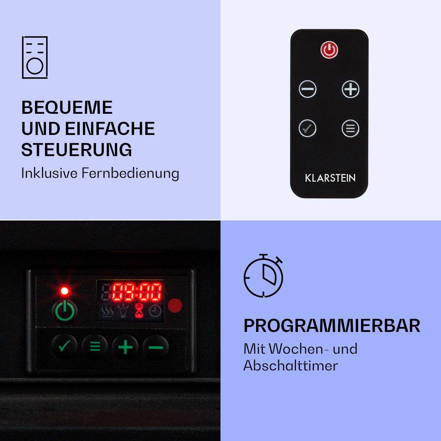 Bedienfeld und Fernbedienung. Text: Komfortable und einfache Steuerung. Programmierbar mit Wochen- und Abschalt-Timer.