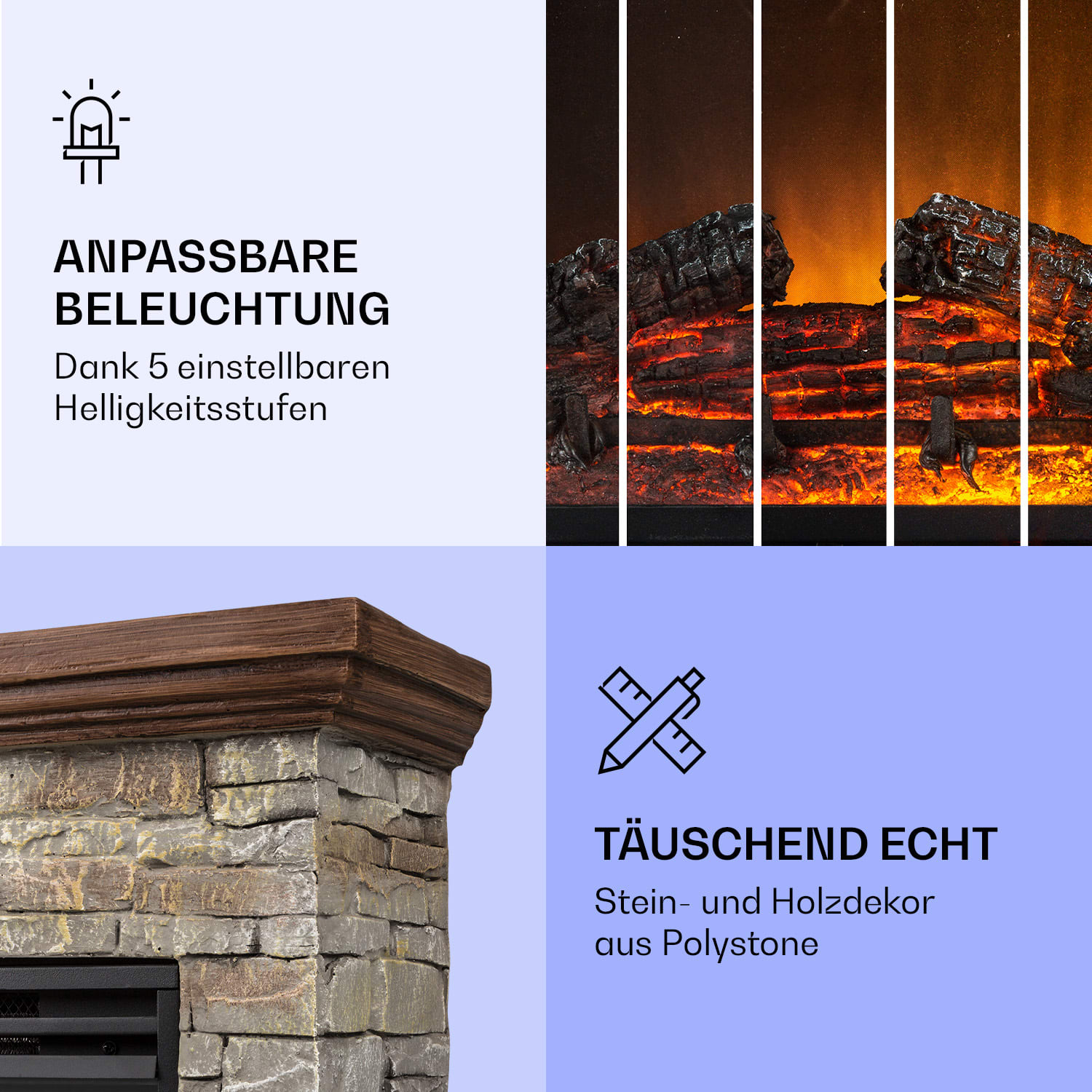 Ein elektrischer Kamin mit simulierten Flammen, Stein- und Holzdekor, mit deutschem Text, auf blauem Hintergrund.