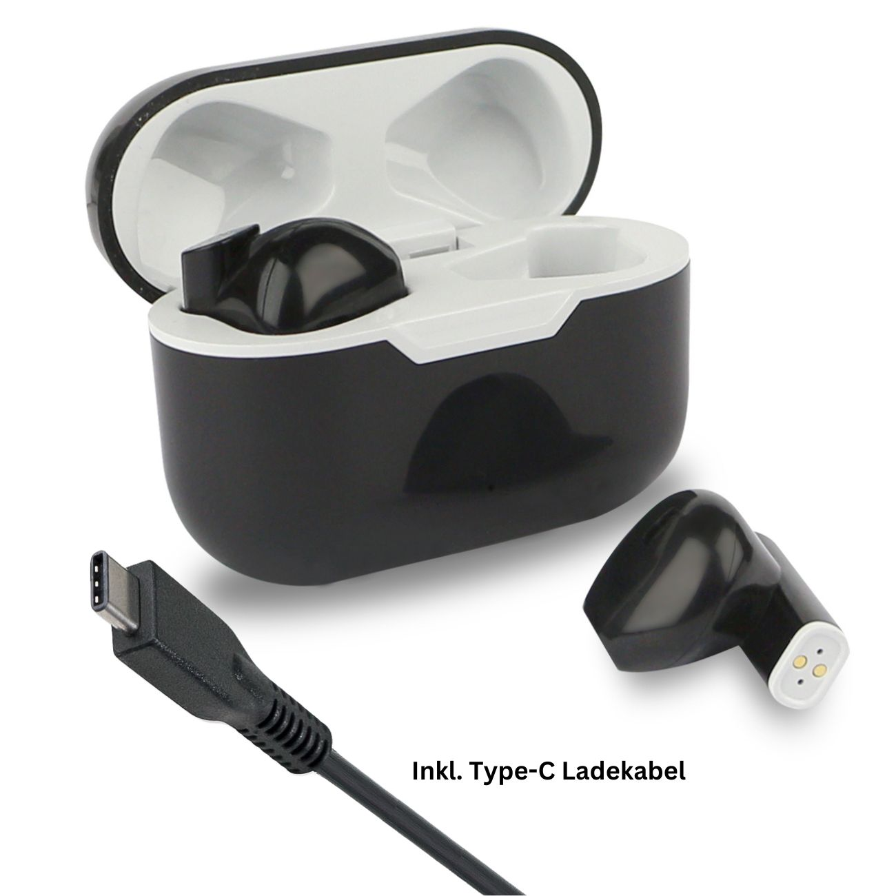 Custodia di ricarica auricolari bianca e nera con auricolari e cavo USB-C.