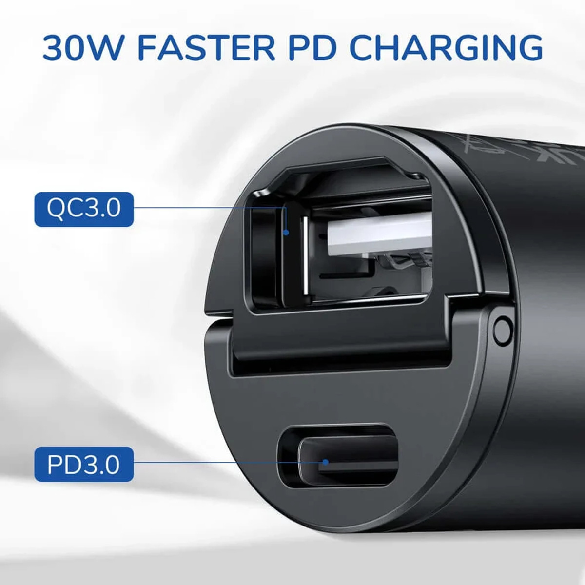 Cargador negro que muestra puertos USB. El texto indica capacidades de carga QC3.0 y PD3.0.