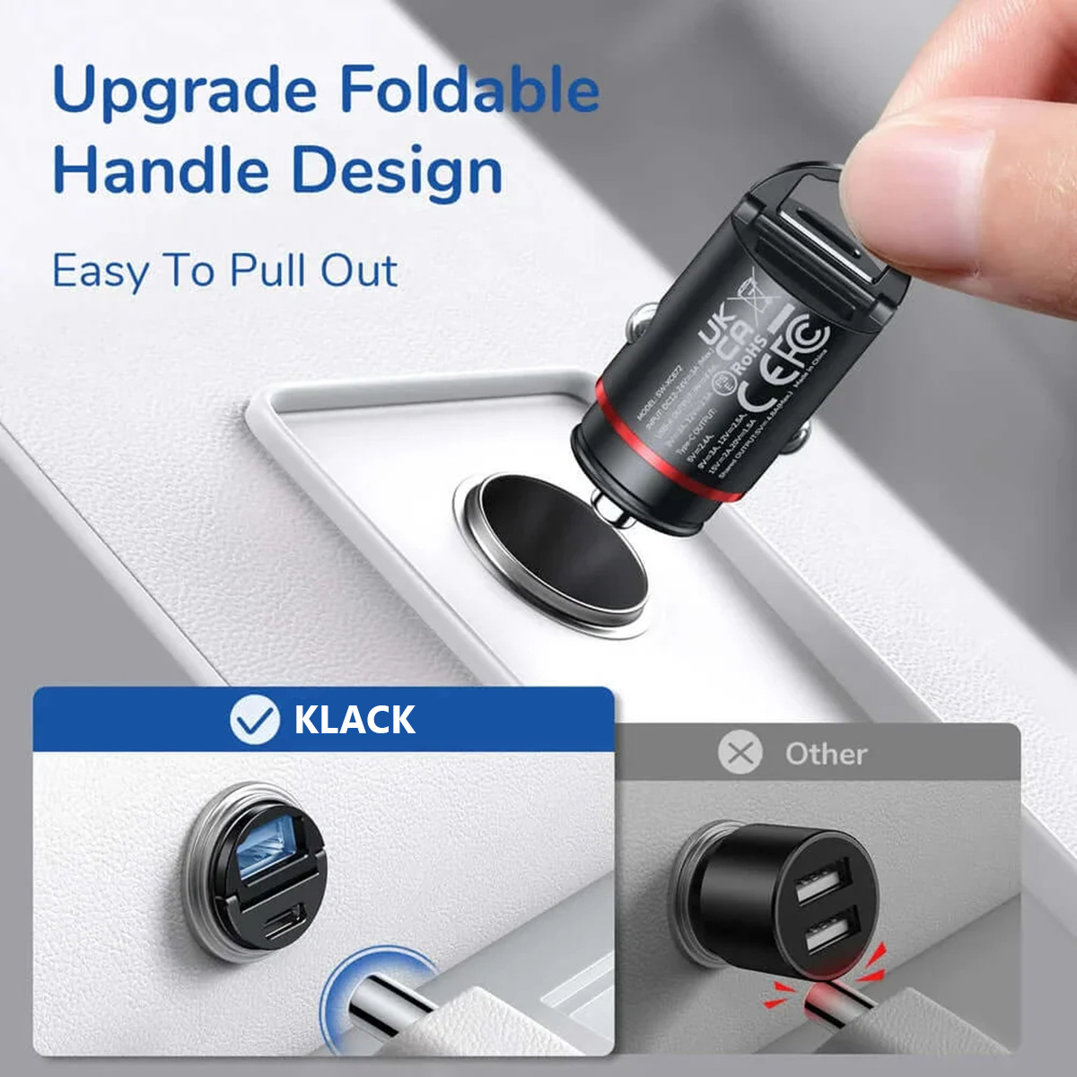 Cargador de coche USB negro con soporte magnético. Otro cargador se muestra debajo.