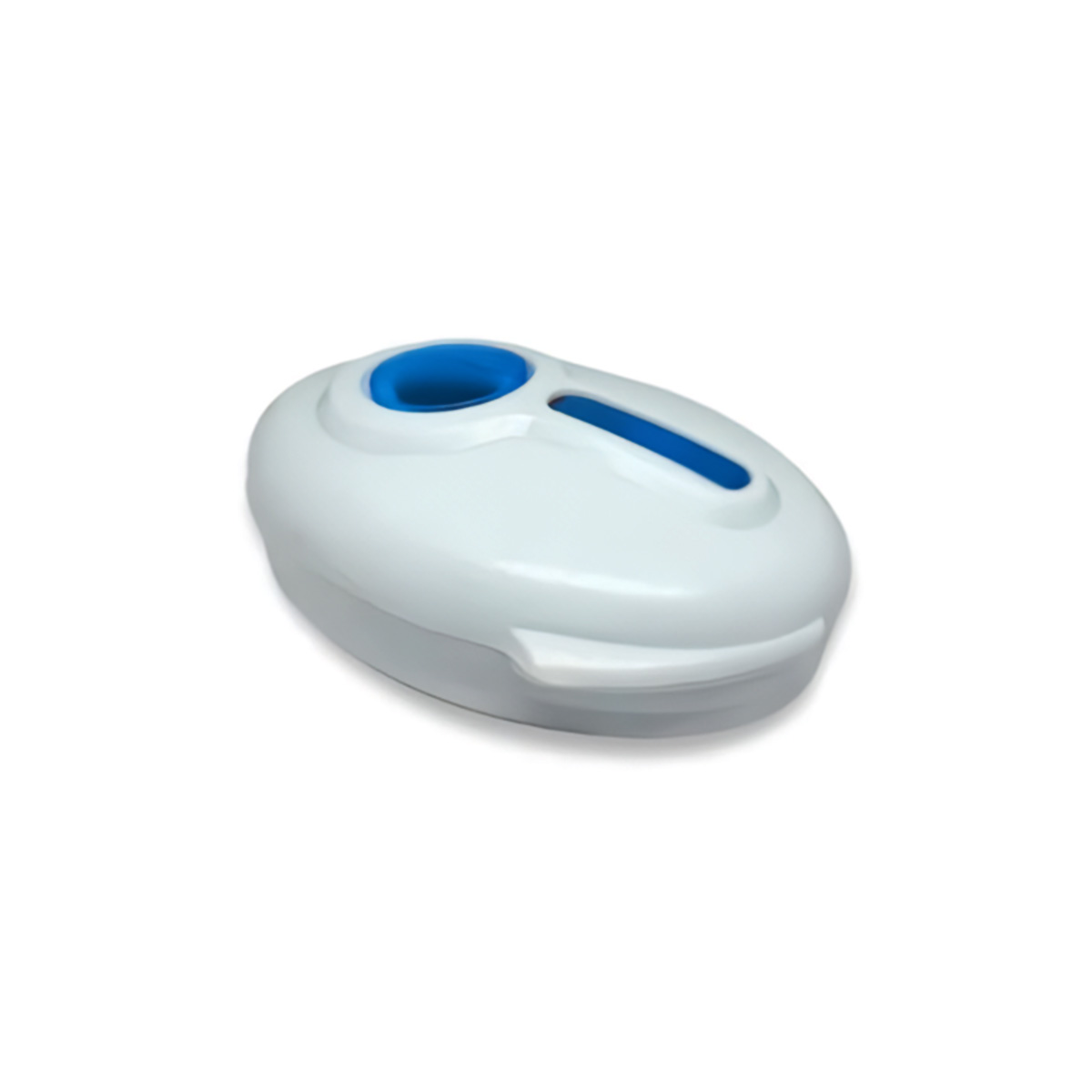 Dispositivo de plástico blanco y azul con un agujero. Fondo limpio y neutro.