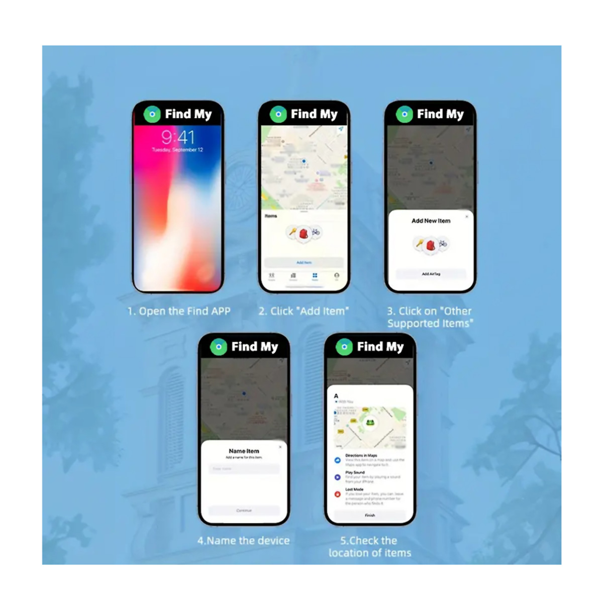 Capturas de pantalla de iPhone que muestran la aplicación 'Buscar' con instrucciones. El fondo es un edificio.
