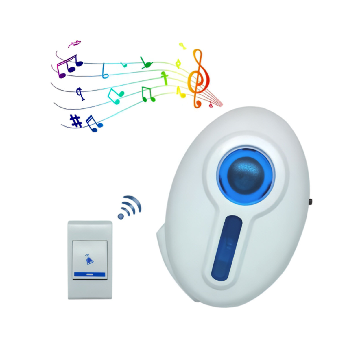 Un timbre blanco con un botón azul y un receptor inalámbrico con notas musicales saliendo de él.