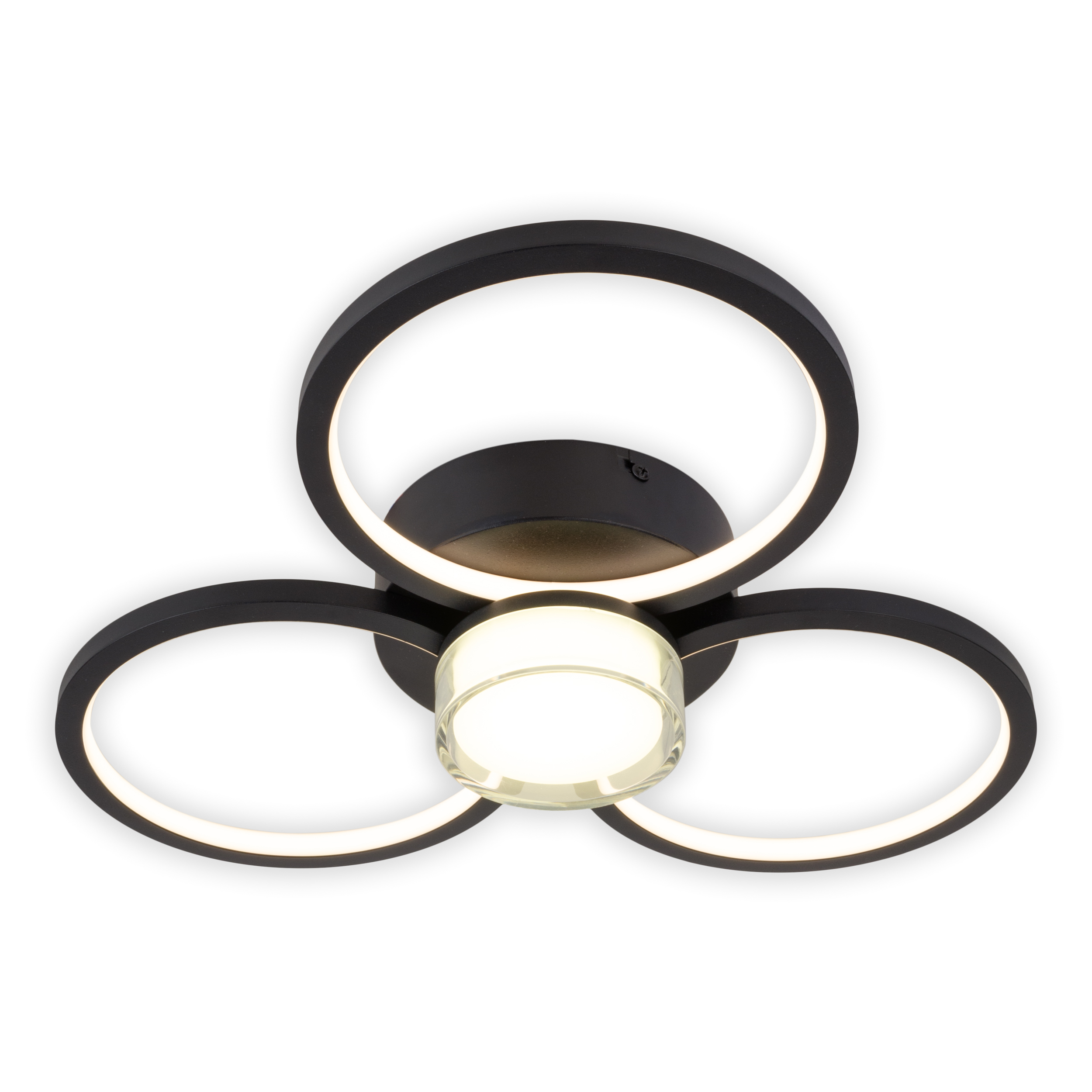Schwarze Deckenleuchte mit drei kreisförmigen Ringen. Die Mitte hat ein Licht.
