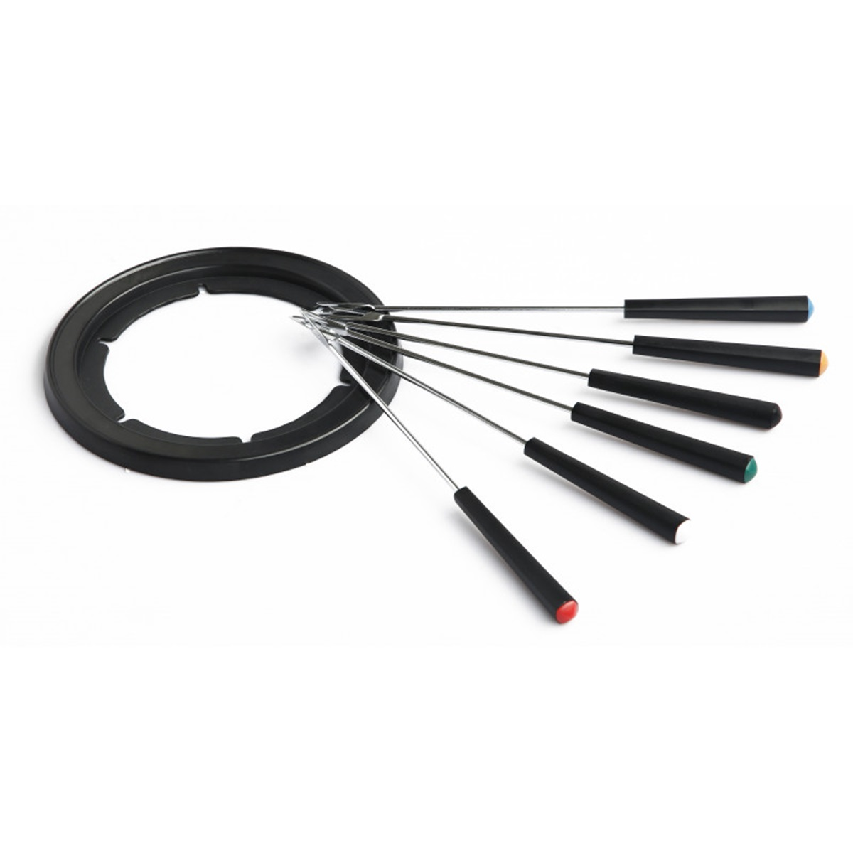 Set per fonduta con base nera, forchette in acciaio inox e manici colorati.