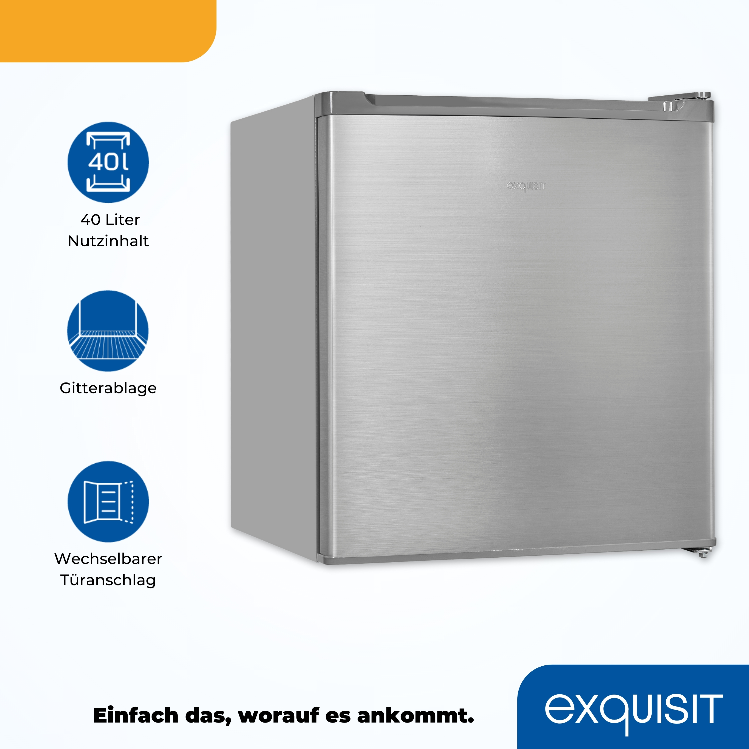 Silberner Mini-Kühlschrank mit Symbolen und Text links, und Markenlogo unten rechts.