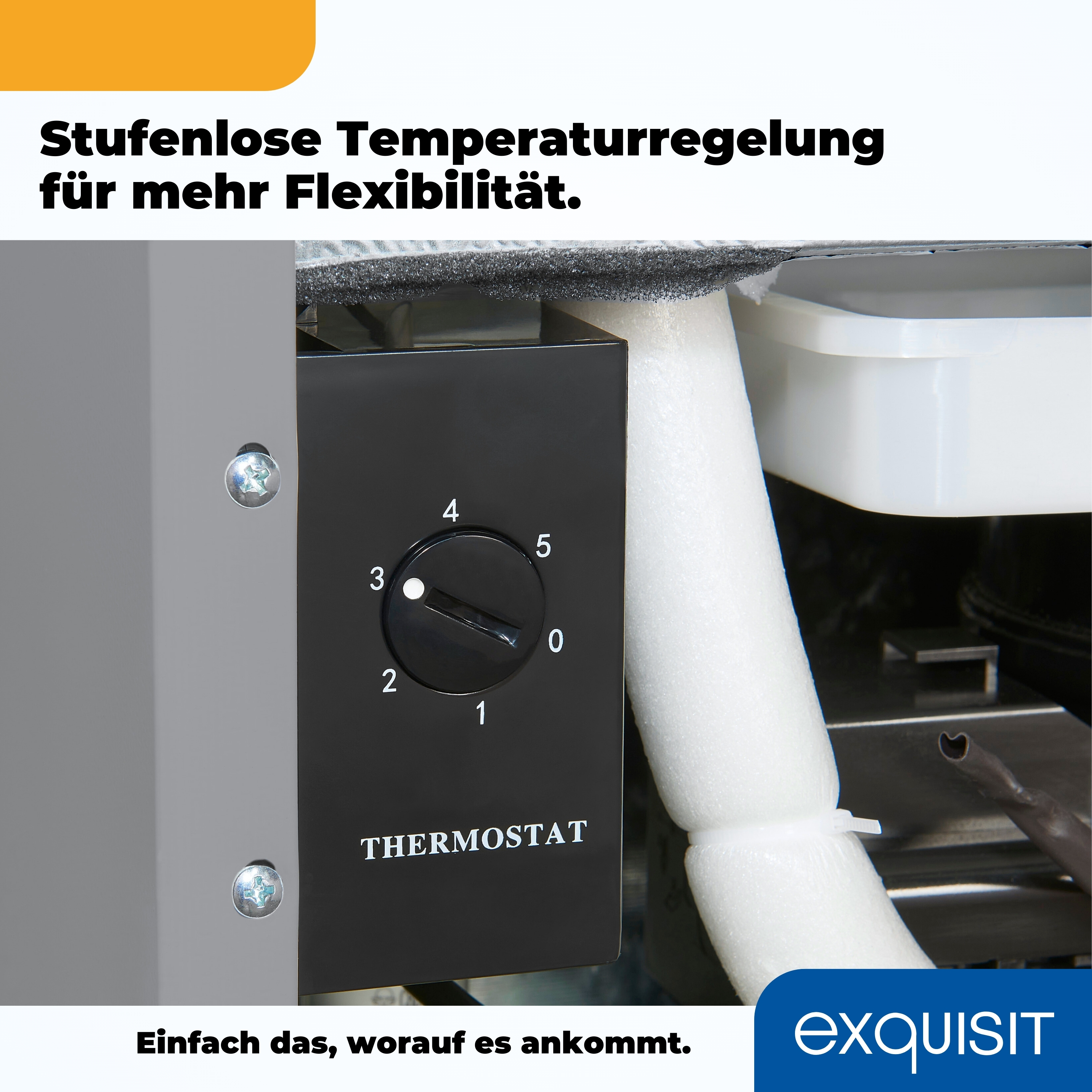 Nahaufnahme eines Thermostats mit den Zahlen 0-5. Es ist schwarz, auf einer grauen Oberfläche mit weißer Schaumstoffisolierung.