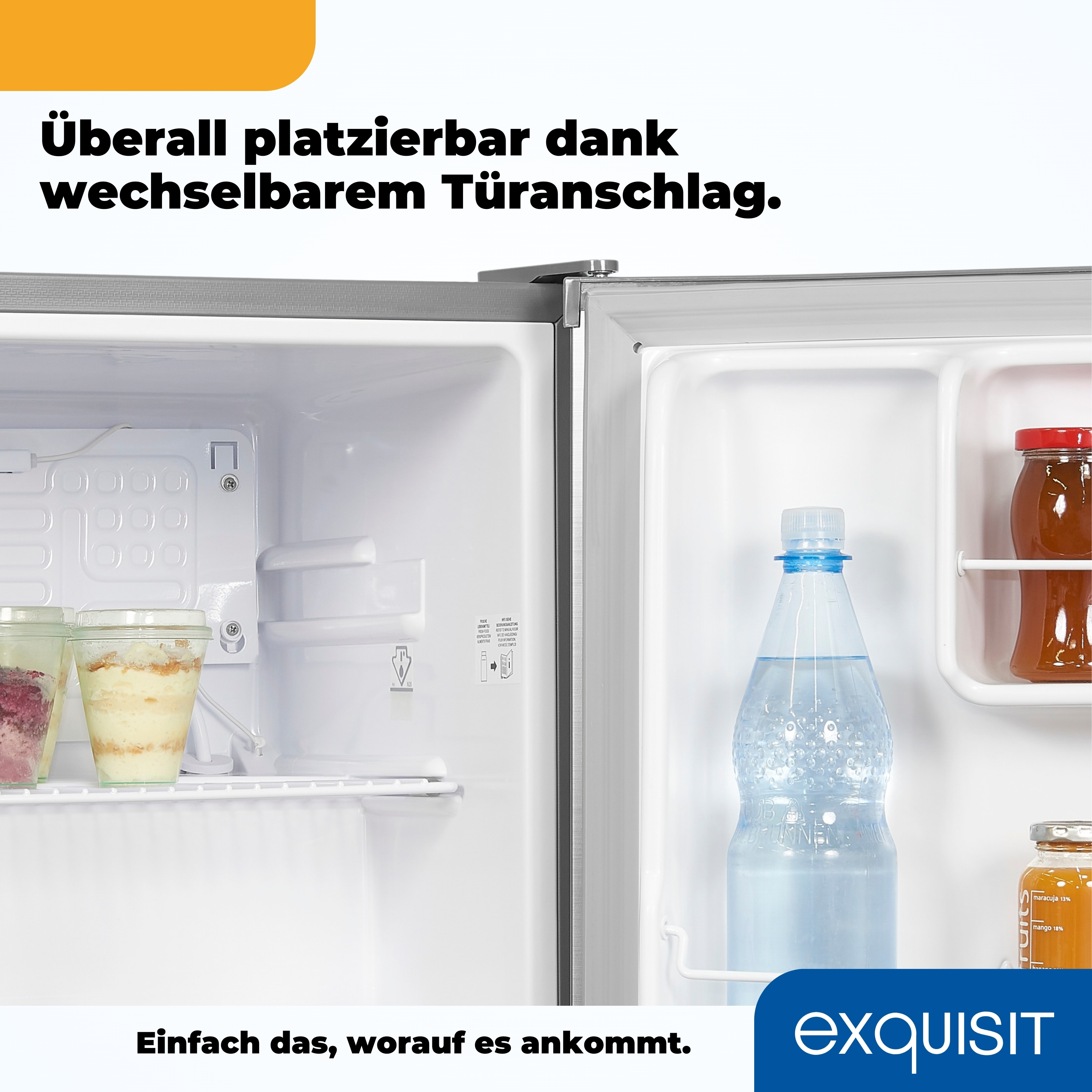 Kühlschrankinnenraum mit Lebensmitteln, einer Wasserflasche und Text über Flexibilität.