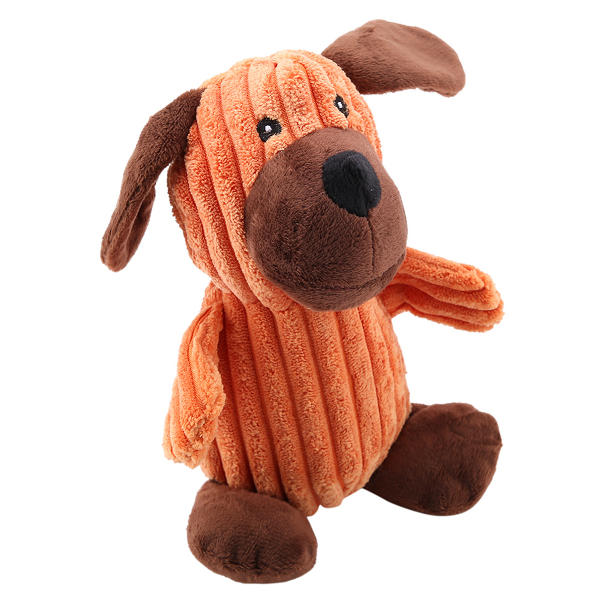 Orangefarbenes Cord-Hundespielzeug mit braunen Ohren, Pfoten und einer schwarzen Nase. Weißer Hintergrund.