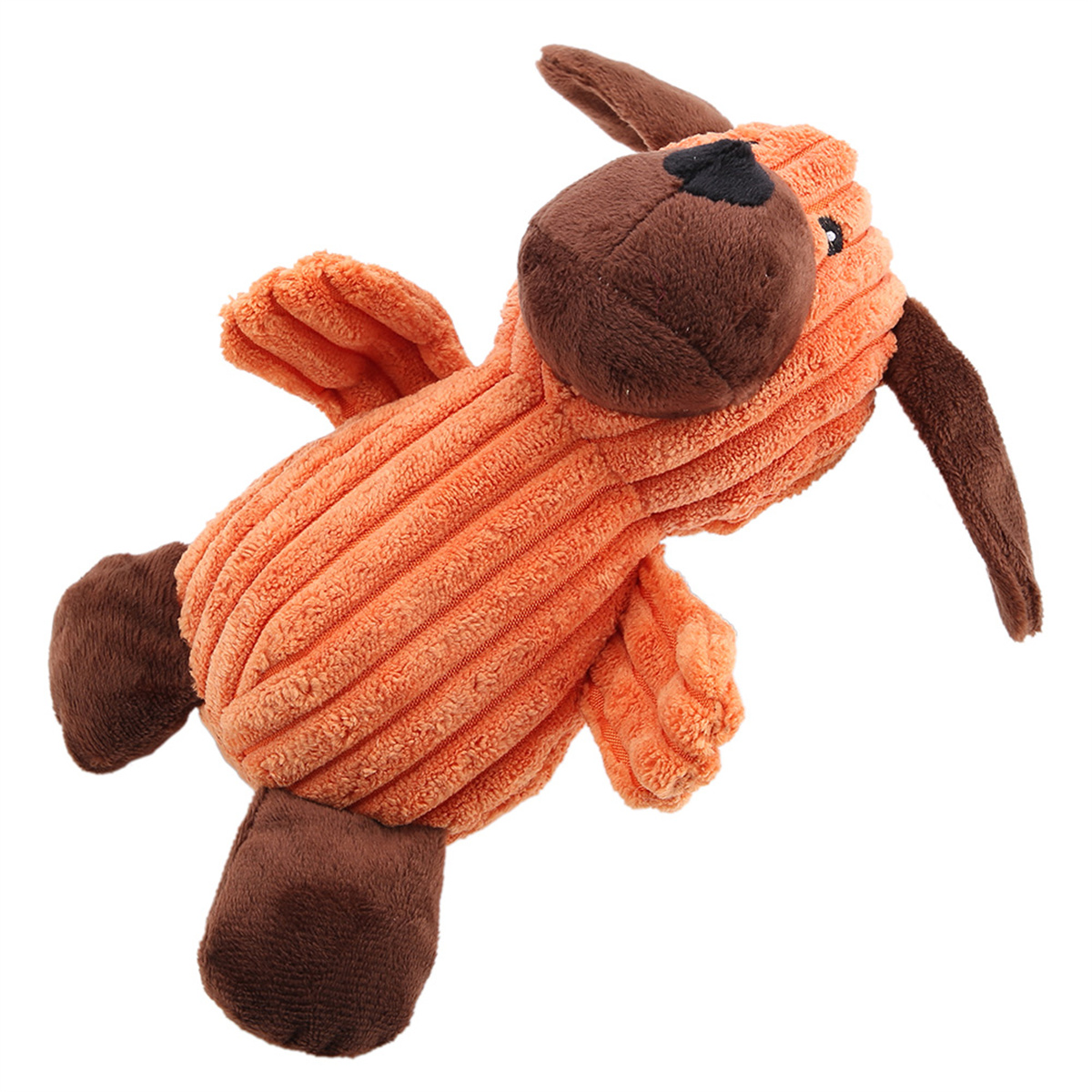 Orangefarbenes Plüschhundespielzeug mit braunen Details. Gerippte Textur und zwei braune Ohren. Liegt auf weißer Oberfläche.