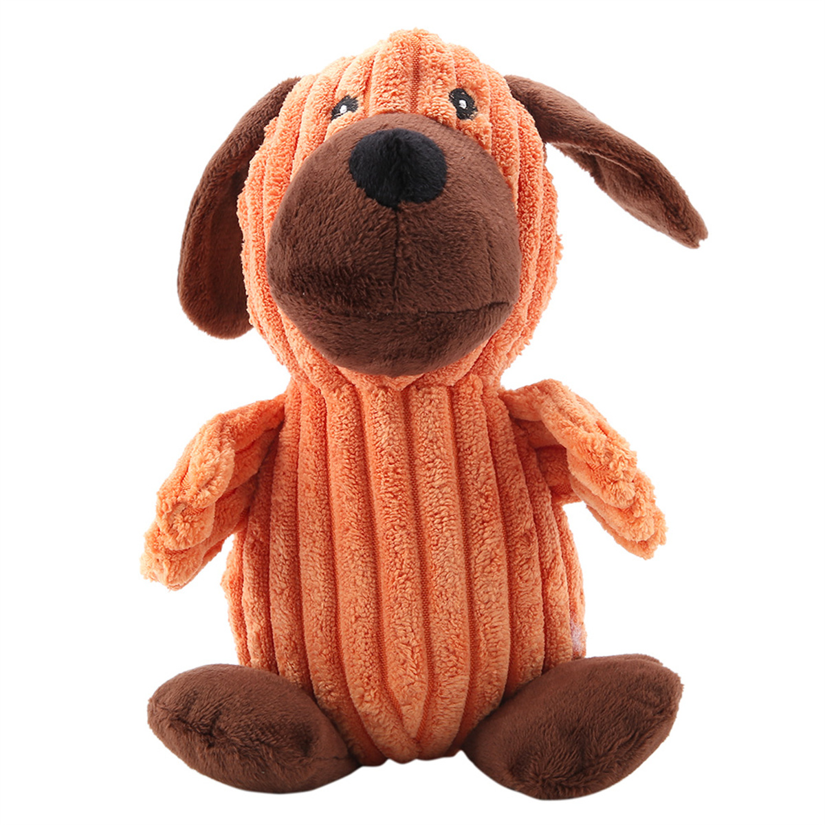 Ein Stoffhund-Spielzeug, orange mit braunen Ohren und Pfoten. Auf weißem Hintergrund.