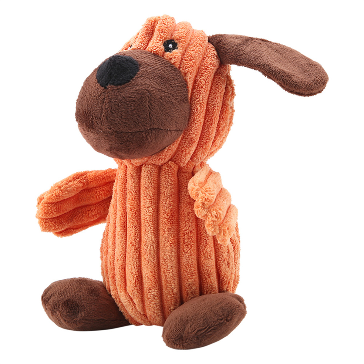 Brauner Hund Stofftier, mit orangefarbenem Rippenkörper und braunen Ohren und Schnauze.
