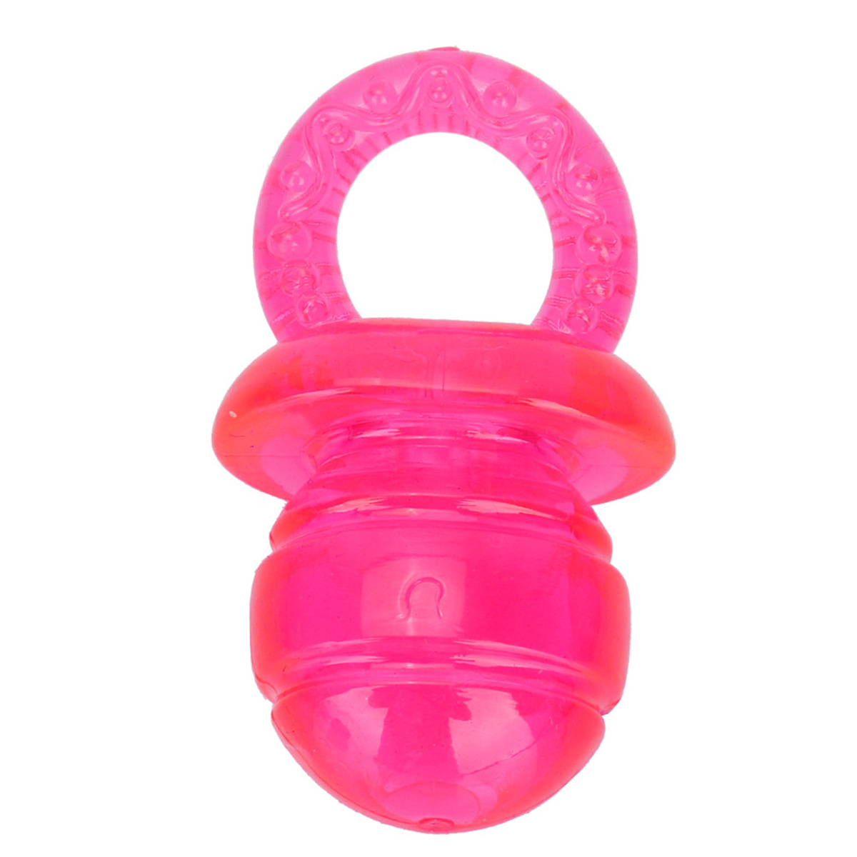 Ein rosa Babyschnuller-Spielzeug mit Ringgriff, auf weißem Hintergrund.