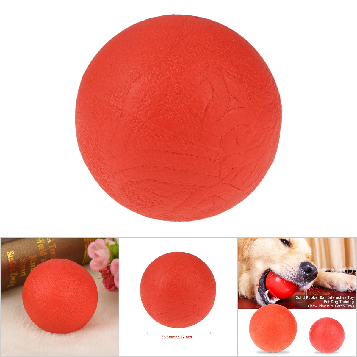 Roter Gummiball für Hunde. Zusätzliche Ansichten zeigen Ball, Messung und Hund mit Ball im Maul.